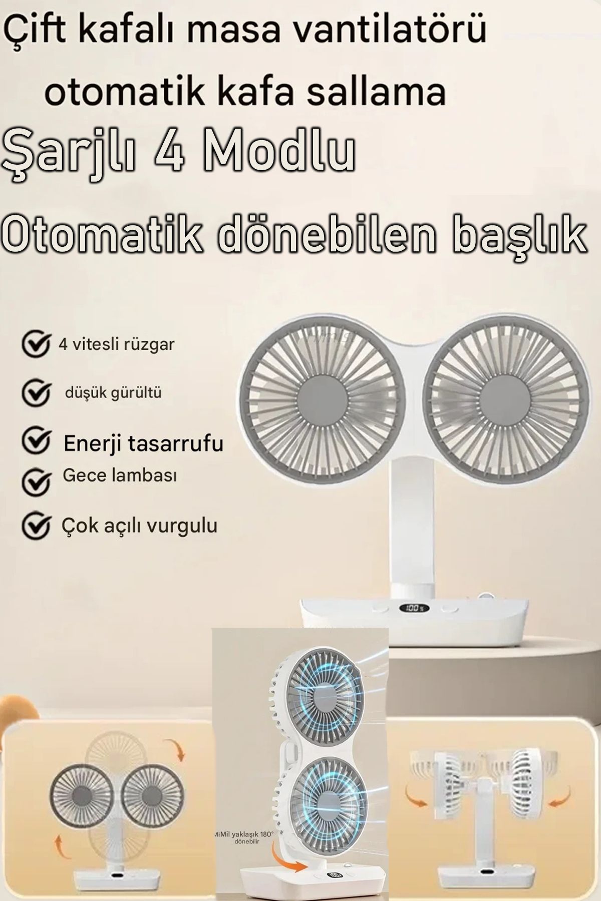 nextbuy Şarjlı Masaüstü Ve Asmalı Otomatik Döner Oynar Başlıklı Çift Fan Soğutucu Vantilatör Beyaz HR001