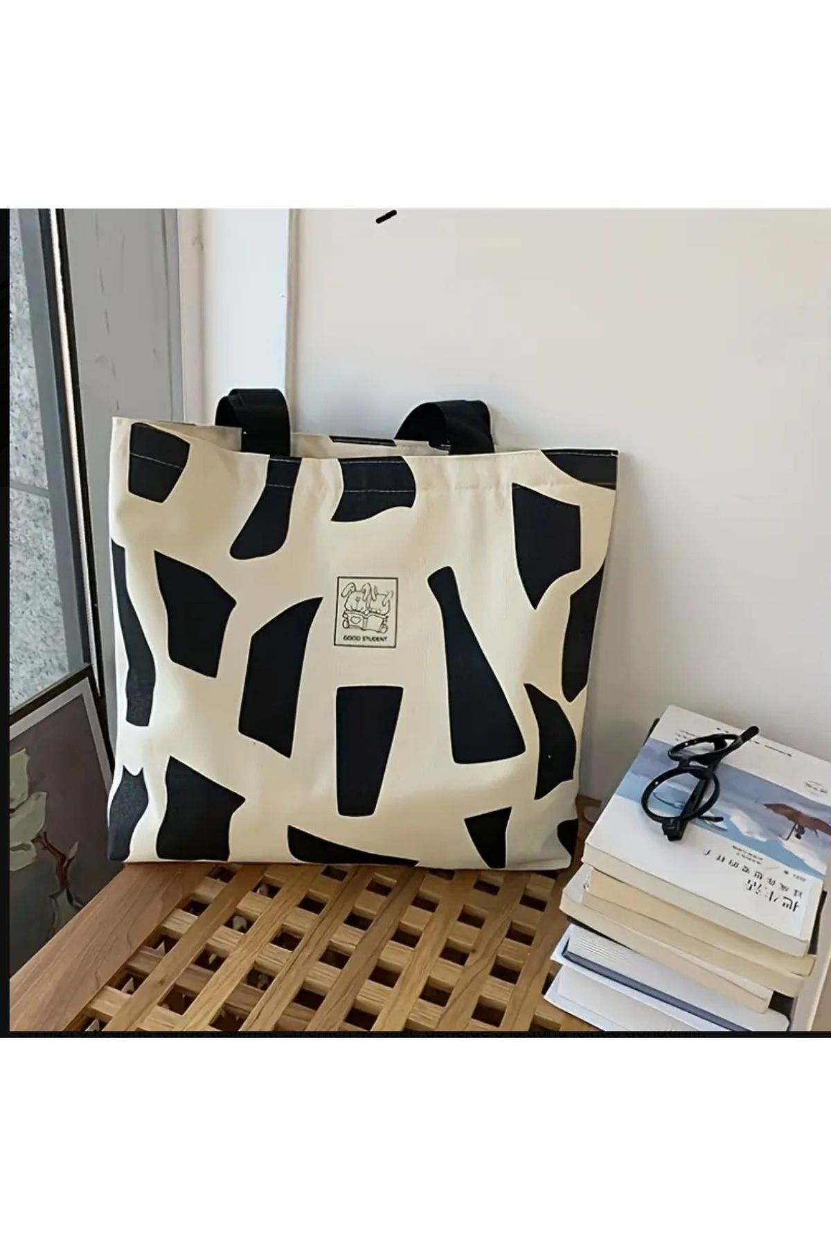 ORGANICYOU SHENZHEN Geometrik Desenli Kanvas Çanta, Büyük Kapasiteli Tote Kanvas Çanta
