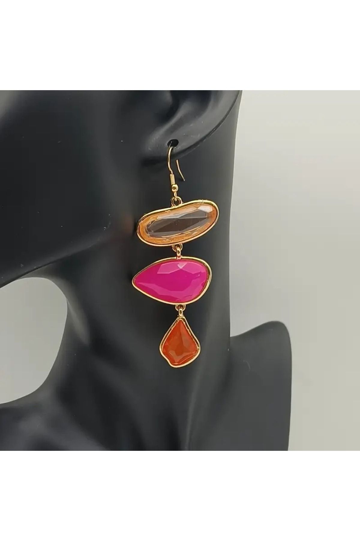 mujeres Uzun, Renkli Taşlı Kadin Küpe, Retro Stil, Asimetrik, Gold Çerçeveli, Bohem ve Gösterişli Tasarım