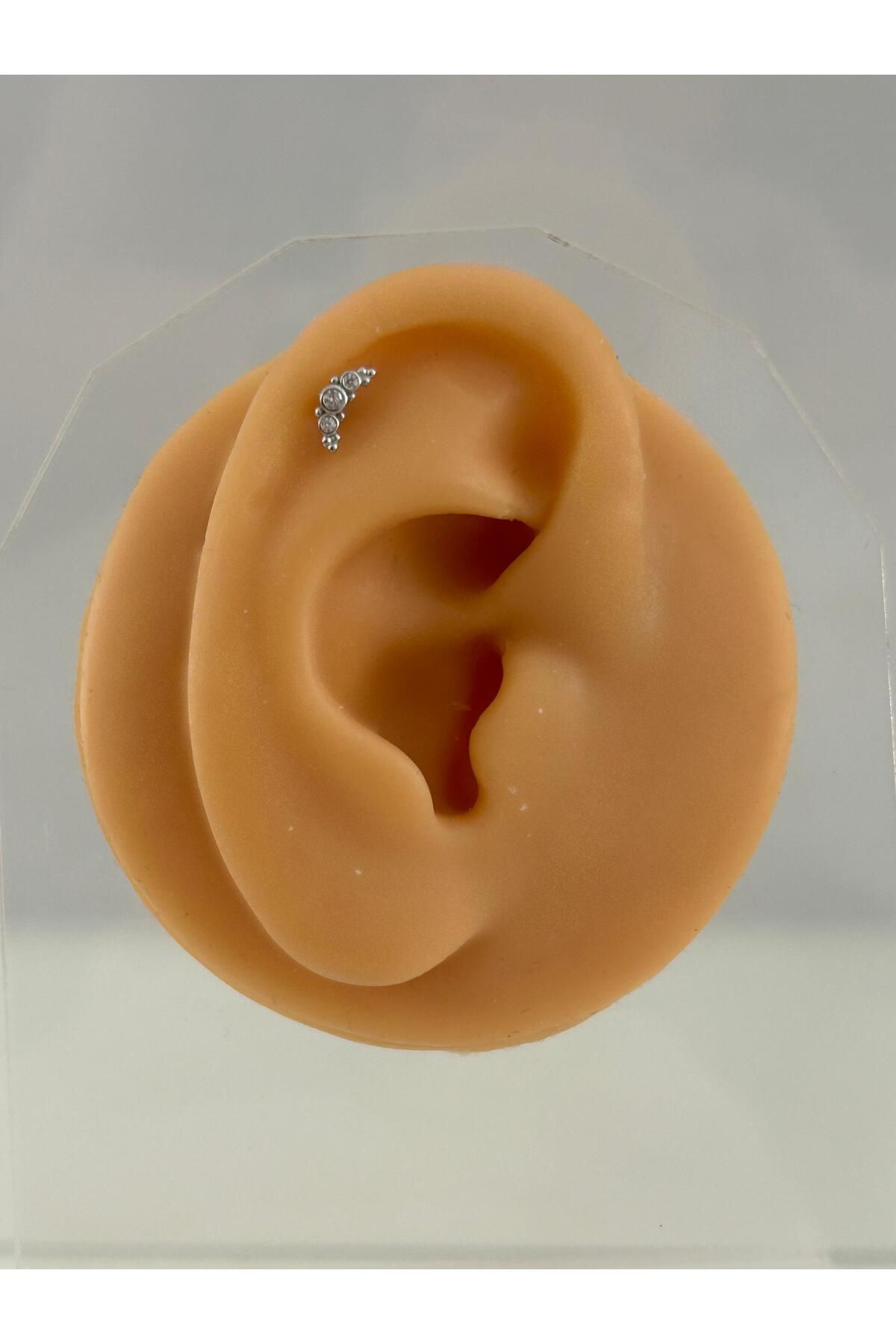 Siminkari 925 Ayar Gümüş Üzerine Rodyum Kaplama Üç Taşlı Minimal Gold Piercing Tragus Helix