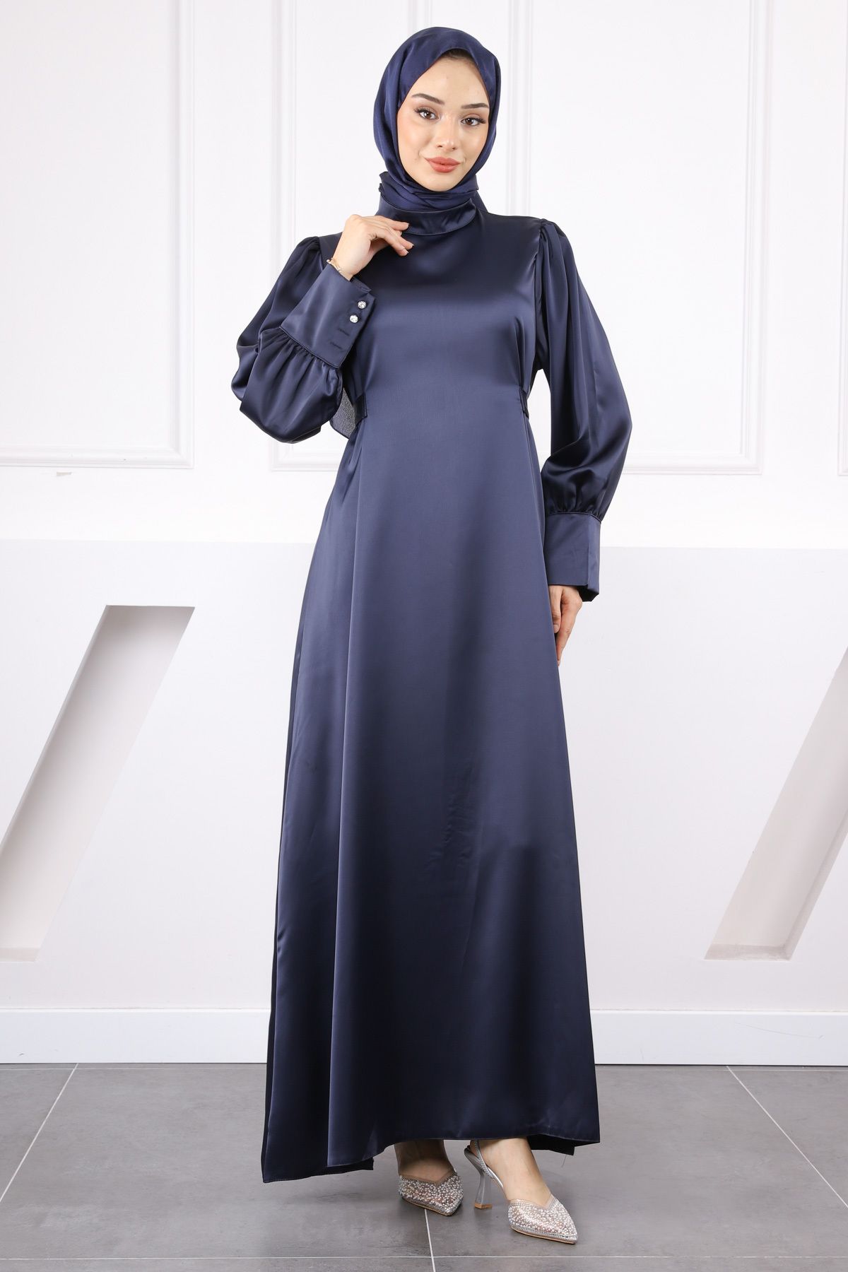 İmajButik Lacivert Kol Düğmeli Beli Kuşaklı Saten Abiye