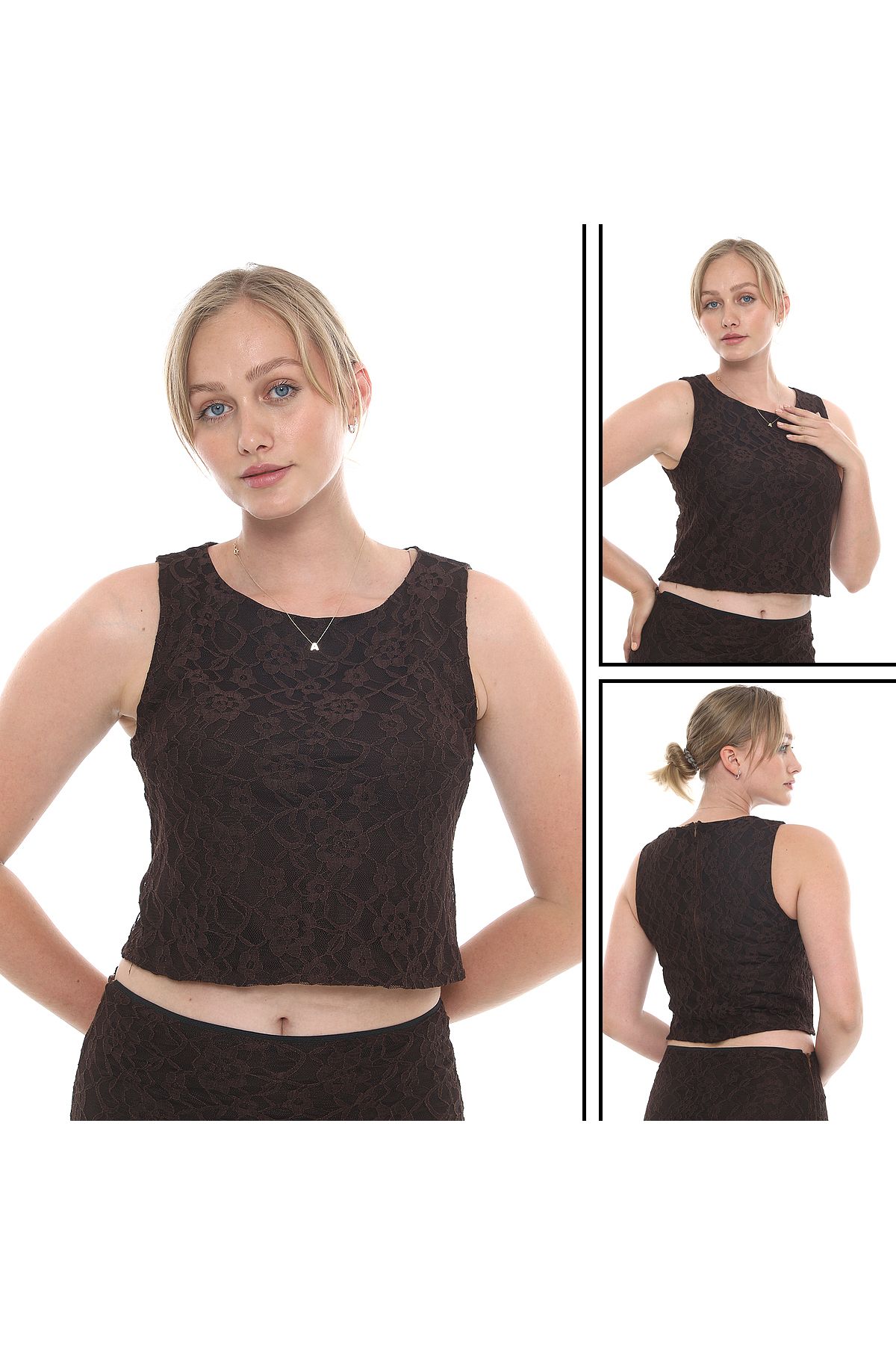 MODAMOR Dantel Detaylı Kahverengi Crop Bluz