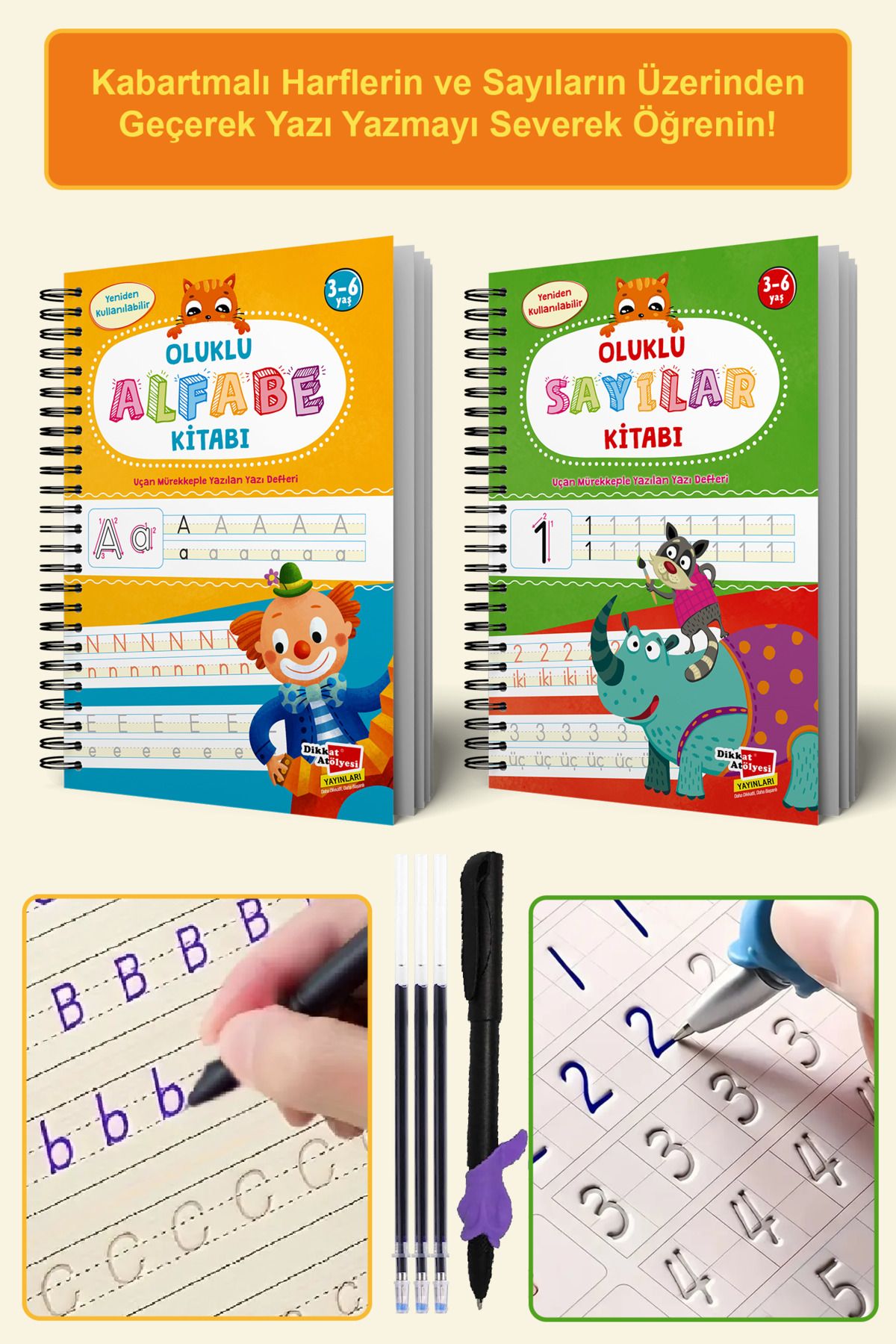 Dikkat Atölyesi Yayınları Harfleri ve Sayıları Yazmayı Kolayca Öğreten Kitap | Sihirli Uçan Kalemli Oluklu (kabartmalı) Kitap
