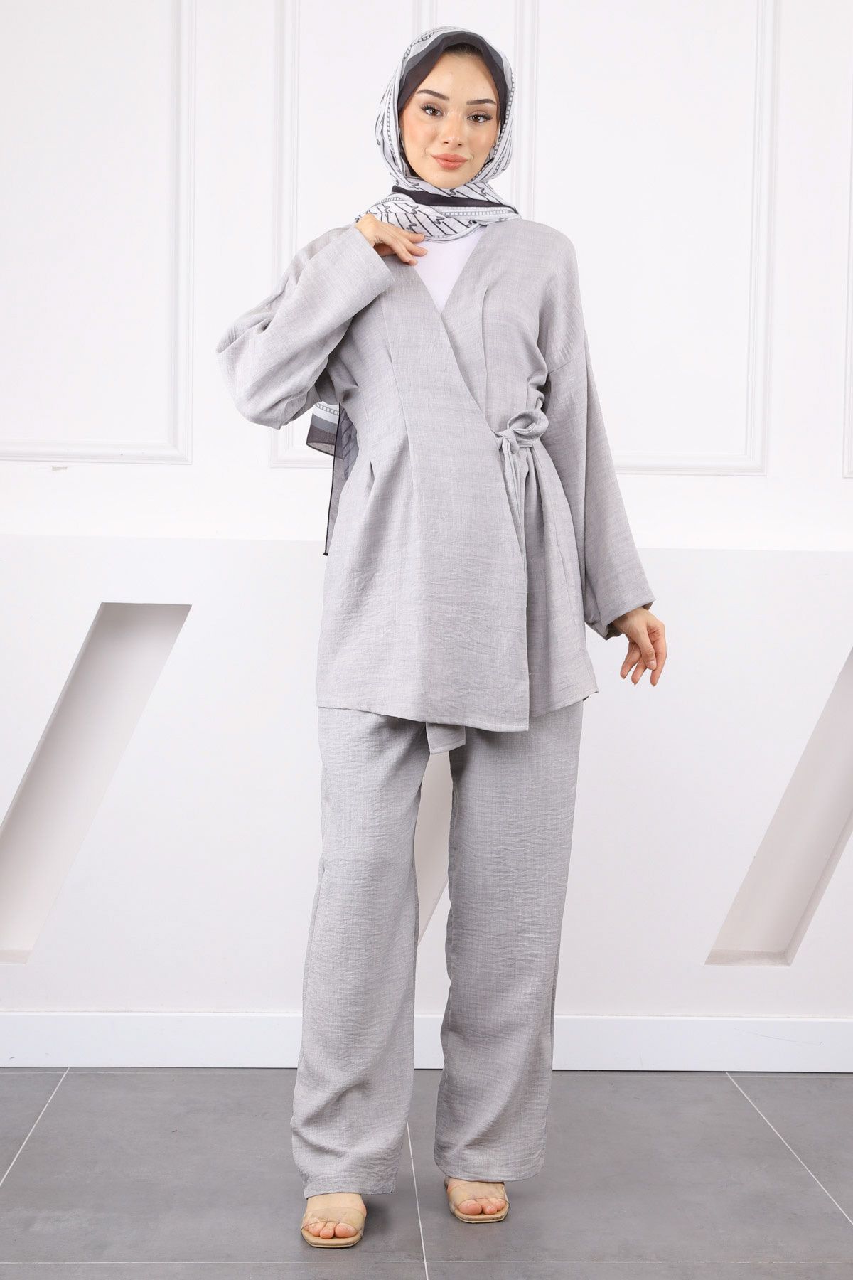 İmajButik Gri Çapraz Bağlamalı Keten Kimono Pantolon Takım