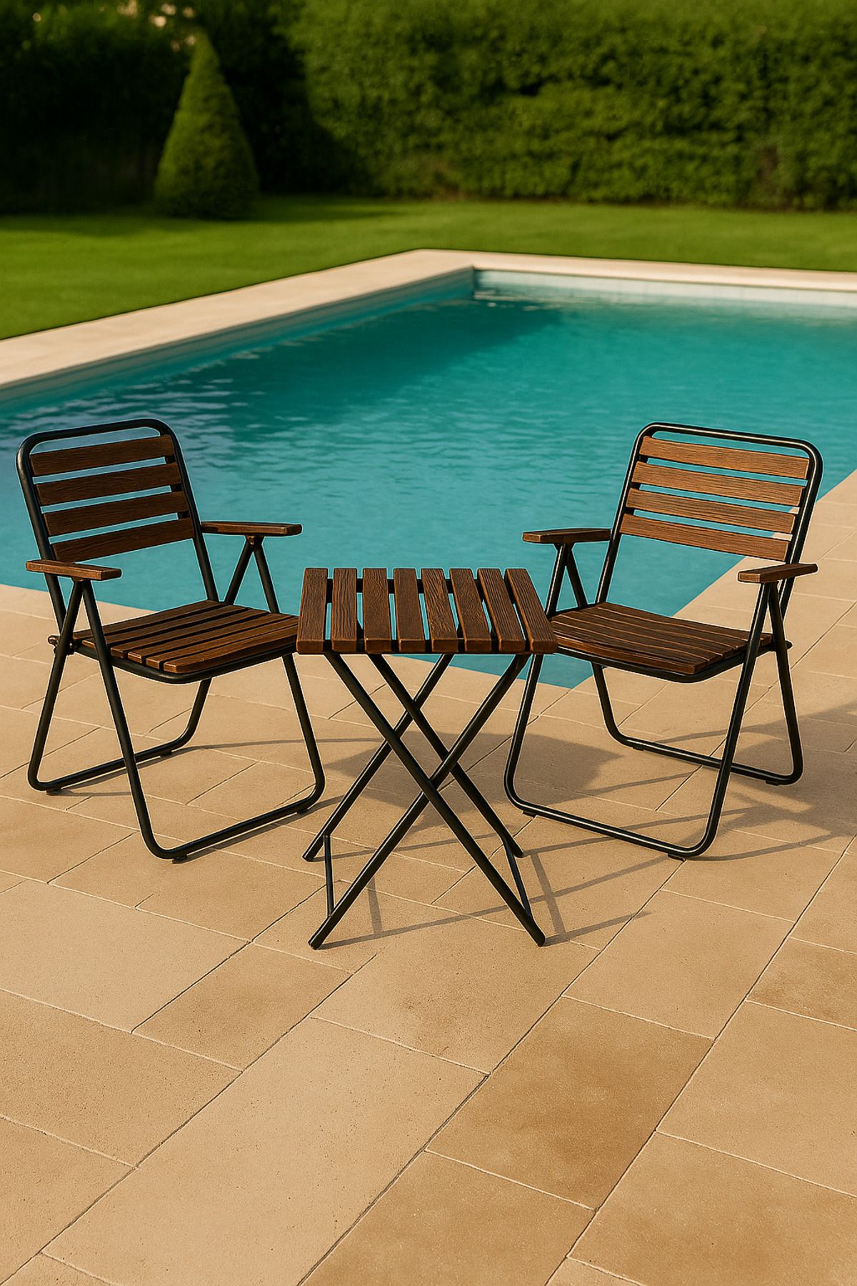 webotto 8 Metal Ahşap Bistro Set Balkon Bahçe Mutfak 3'lü Katlanır Masa Sandalye Seti