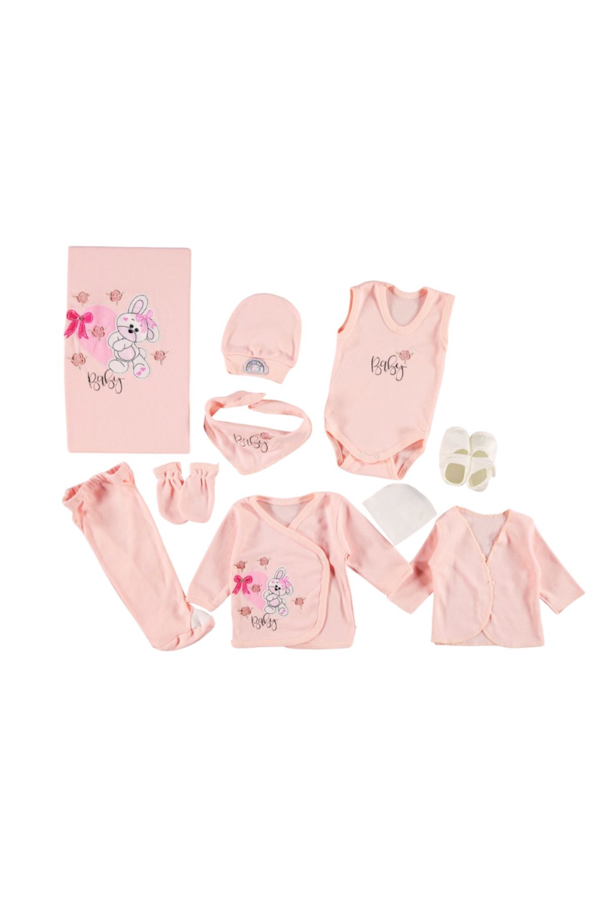 almira anne bebek Kız Bebek 10'lu Hastane Çıkışı - Pembe - Kalpli Tavşan Desenli Pembe Renk - 10 Lu Paket