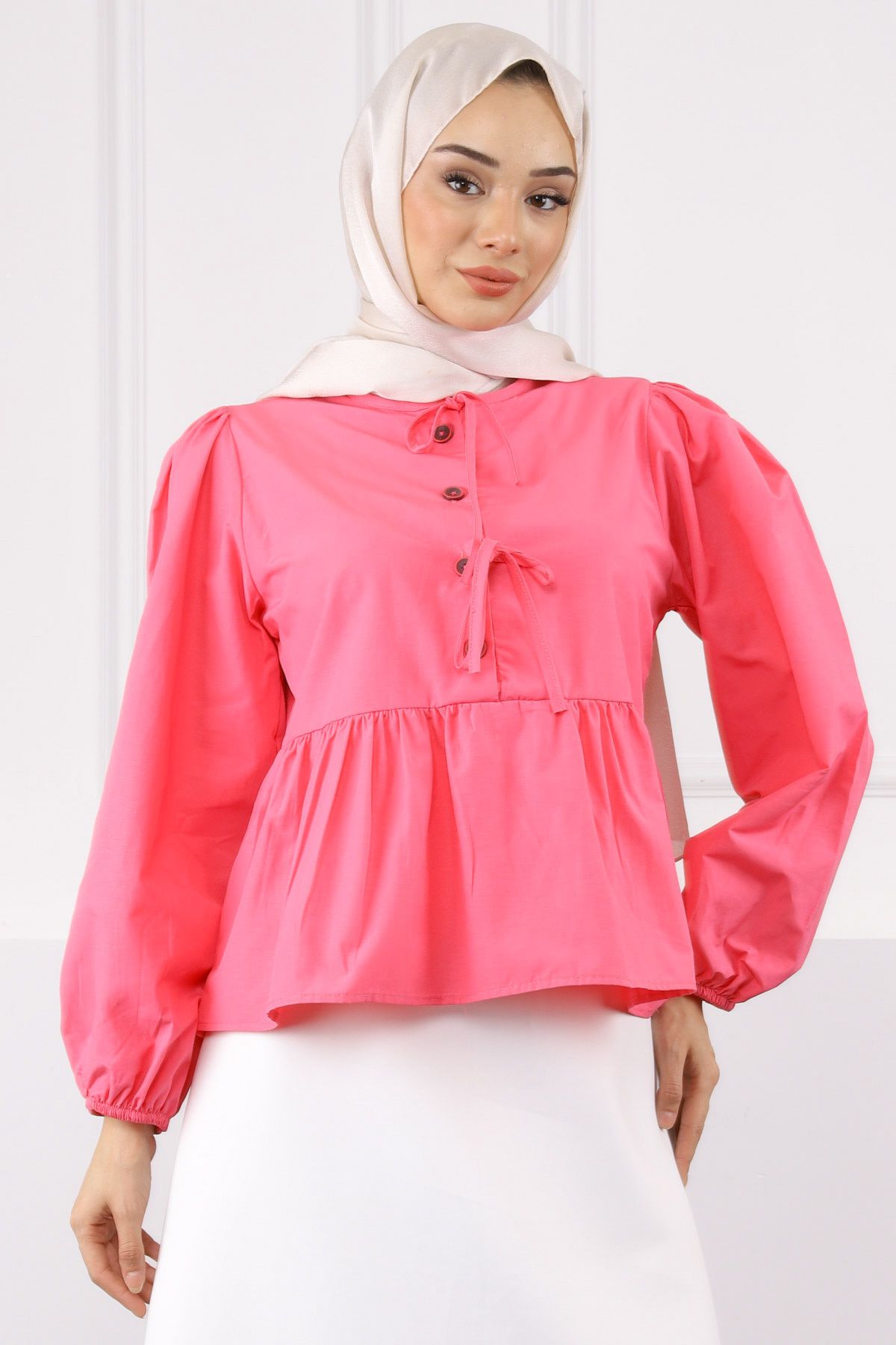 İmajButik Pembe Kol Lastikli Poplin Gömlek