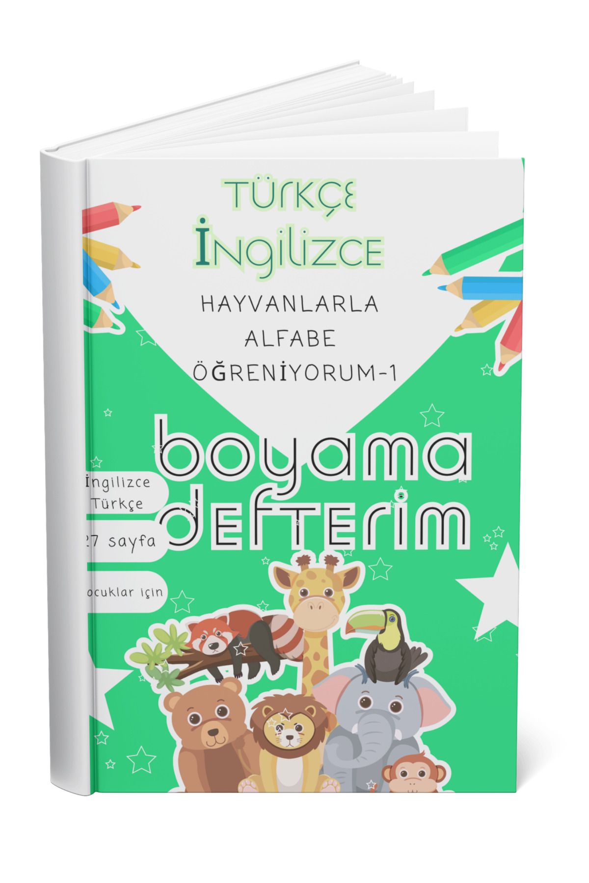 pnkycrco Çocuklar için İngilizce-Türkçe Hayvanlar ile Alfabe Öğreniyorum Boyama Defteri Seri-1 |27 Sayfa A5