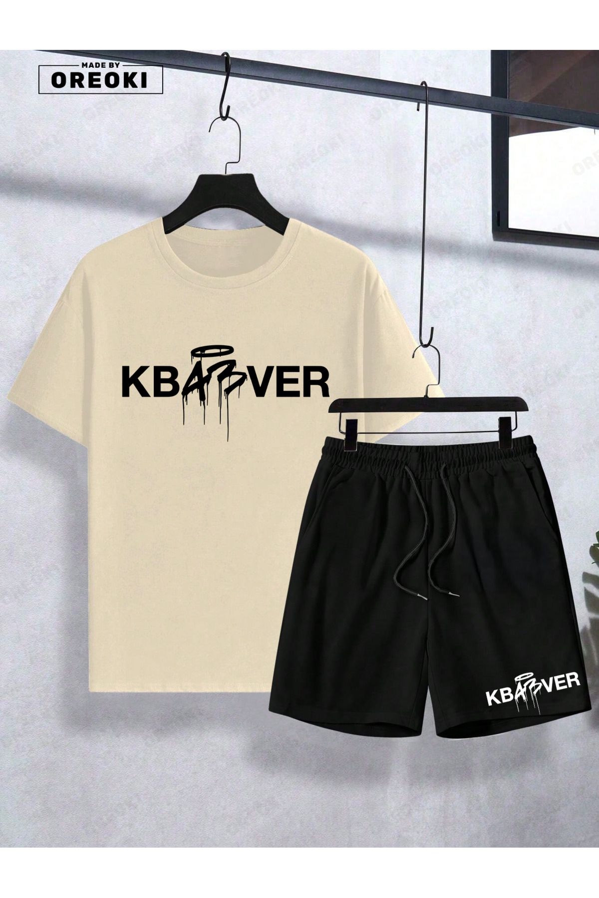 EFFRENATU KBABVER Baskılı Pamuklu Kumaş Erkek Bej T-shirt-Siyah Şort Takım