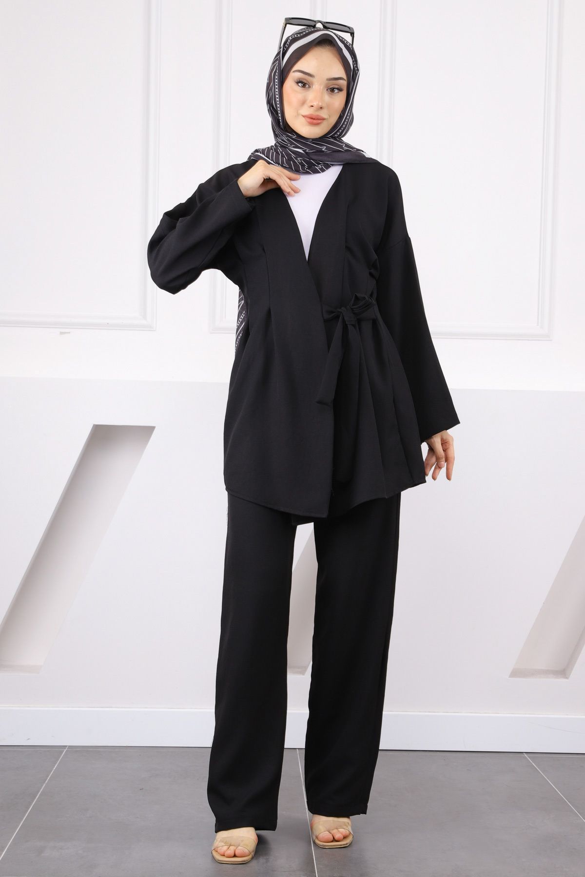 İmajButik Siyah Çapraz Bağlamalı Keten Kimono Pantolon Takım