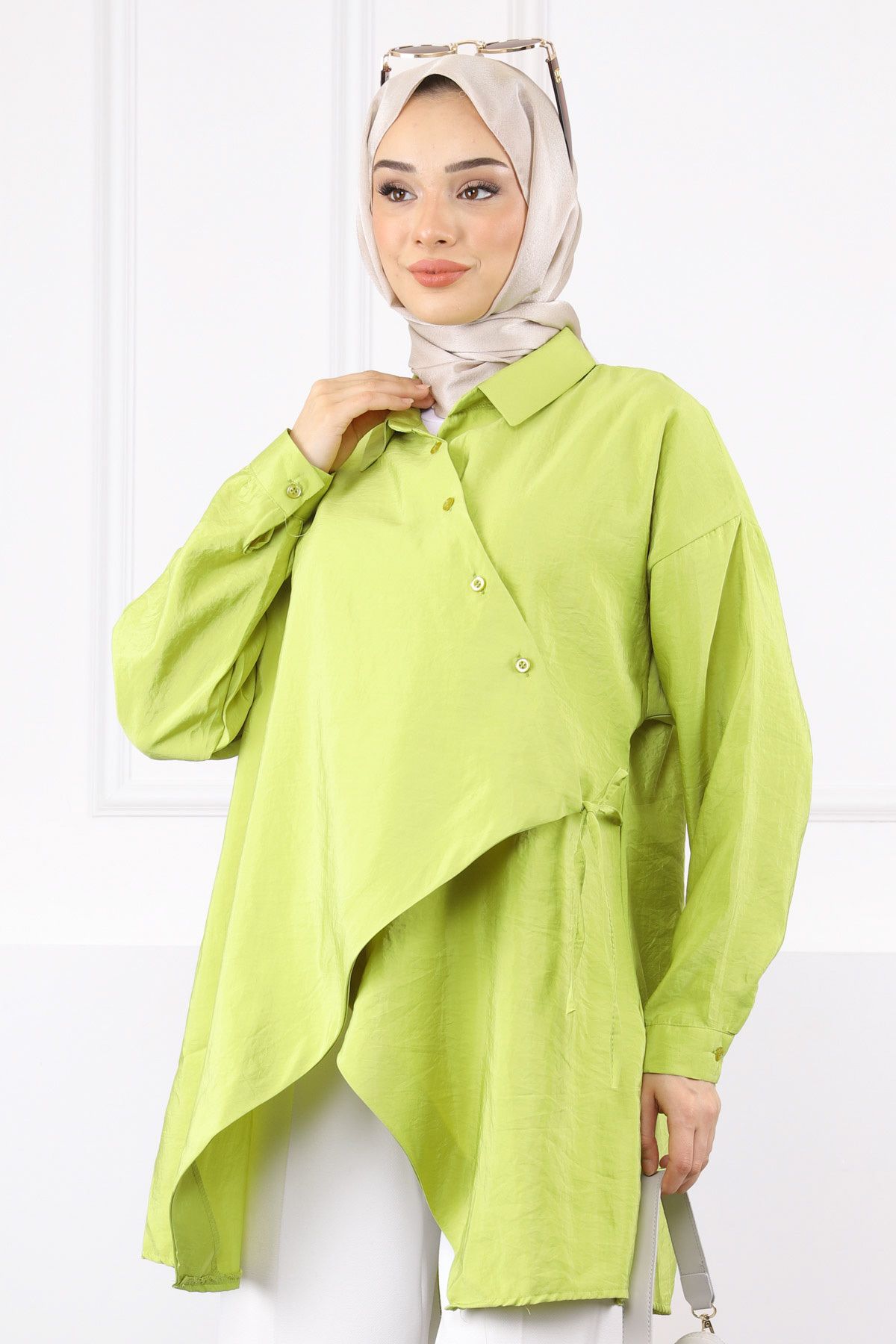 İmajButik Fıstık Yeşili Yandan Bağlamalı Modal Tunik