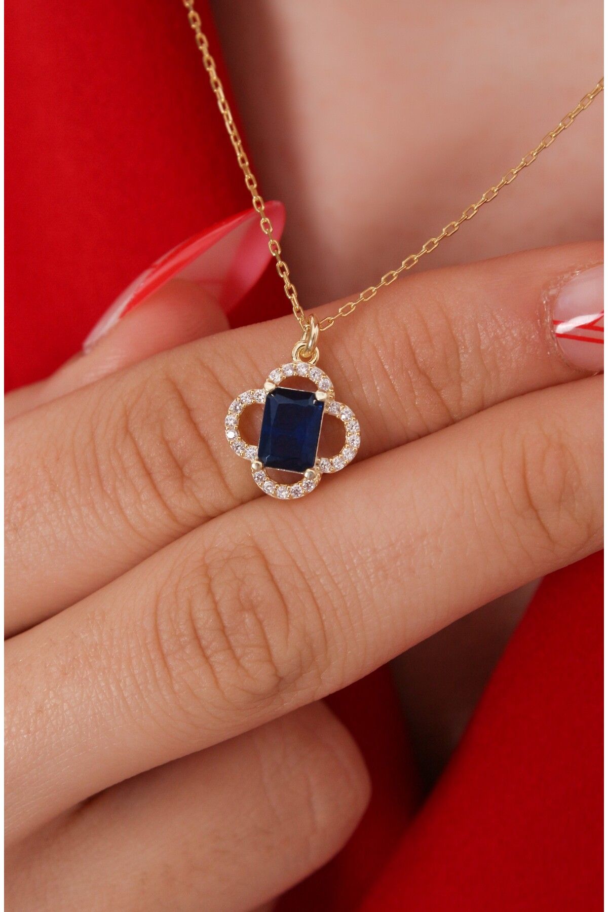 LİNOVE JEWELLERY Safir Baget Kolye, 925 Ayar Gümüş Kolye, Yonca Baget Kolye, Safir Gümüş Kolye