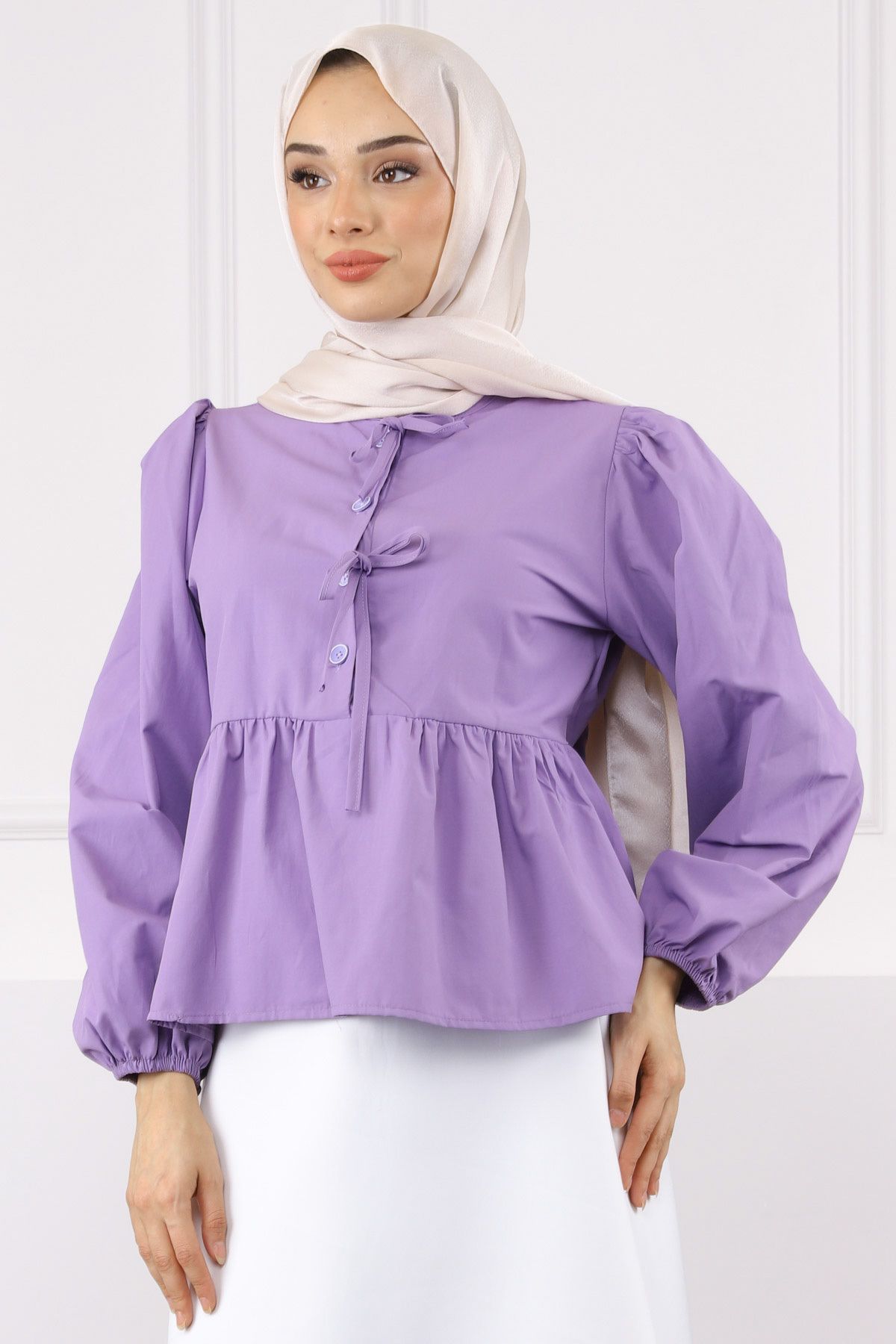 İmajButik Lila Kol Lastikli Poplin Gömlek