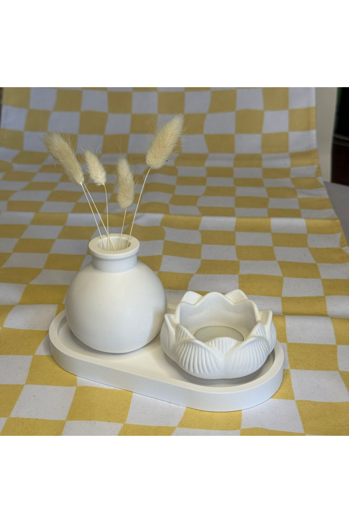 N&E Studio Dekoratif 3'lü Set, Lotus Mumluk, Vazo, Sunum Tabağı