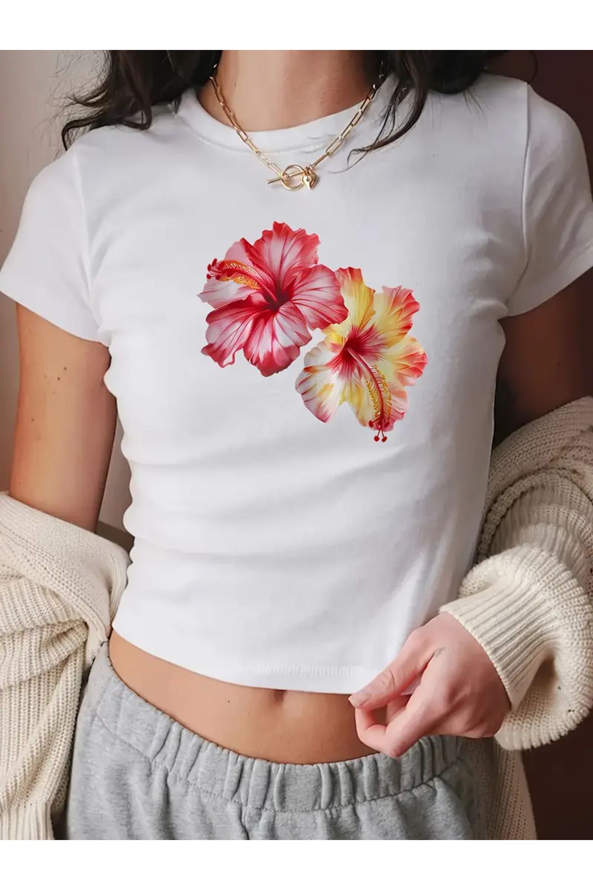 JANSO GROUP -KADIN CROP TSHIRT ÇİÇEK BASKILI PAMUKLU