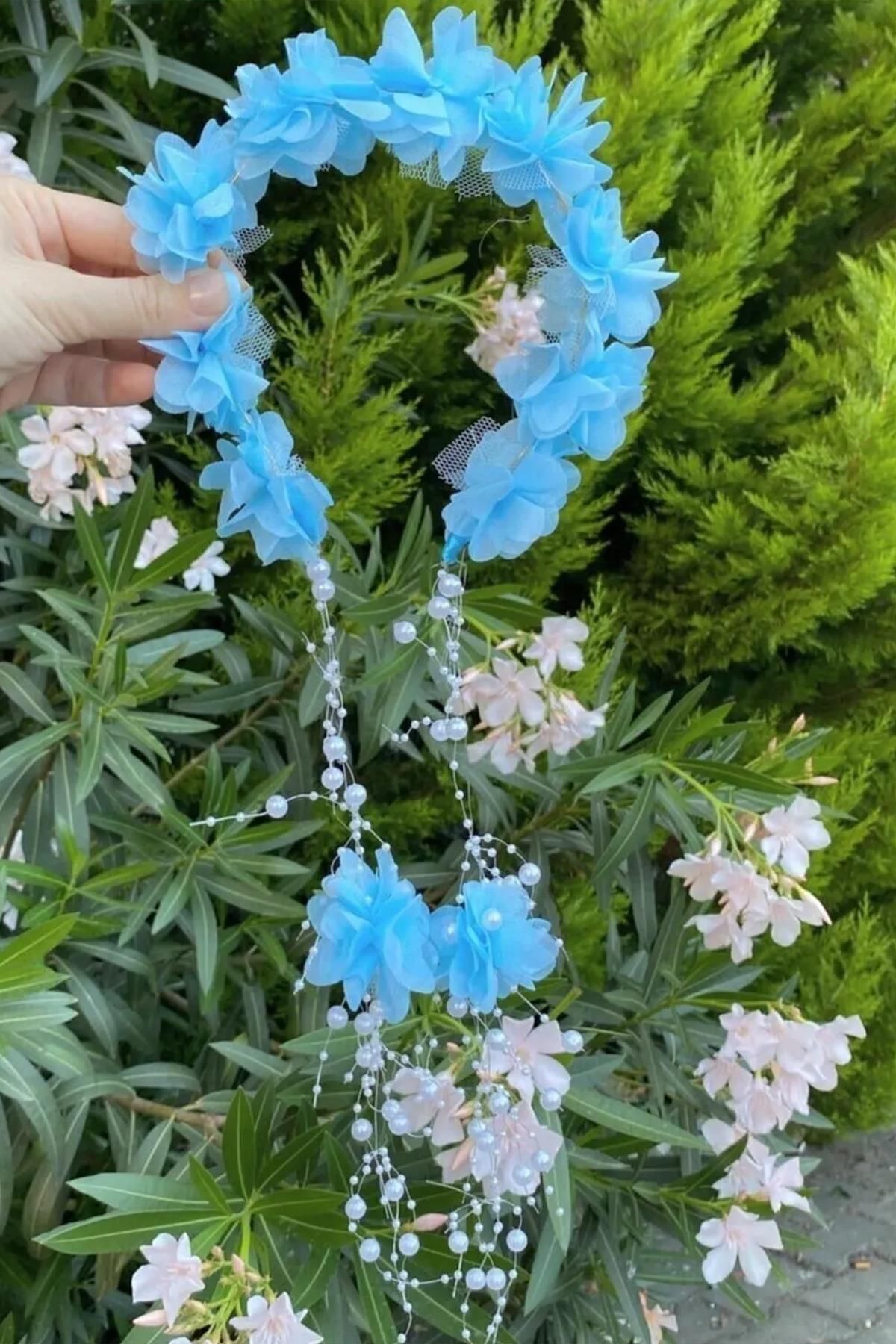 Limelia Mavi Çiçek Incili Taç