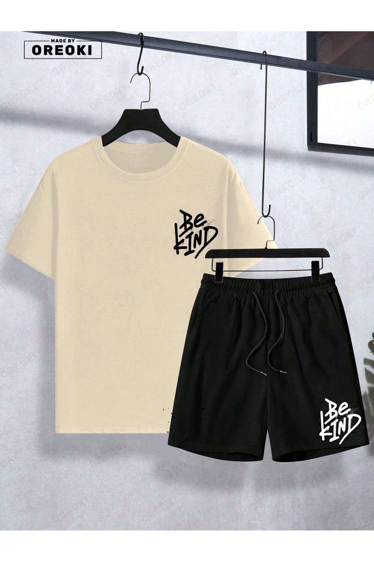 EFFRENATU Nazik Ol Baskılı Pamuklu Kumaş Erkek Bej T-shirt- Siyah Şort Takım