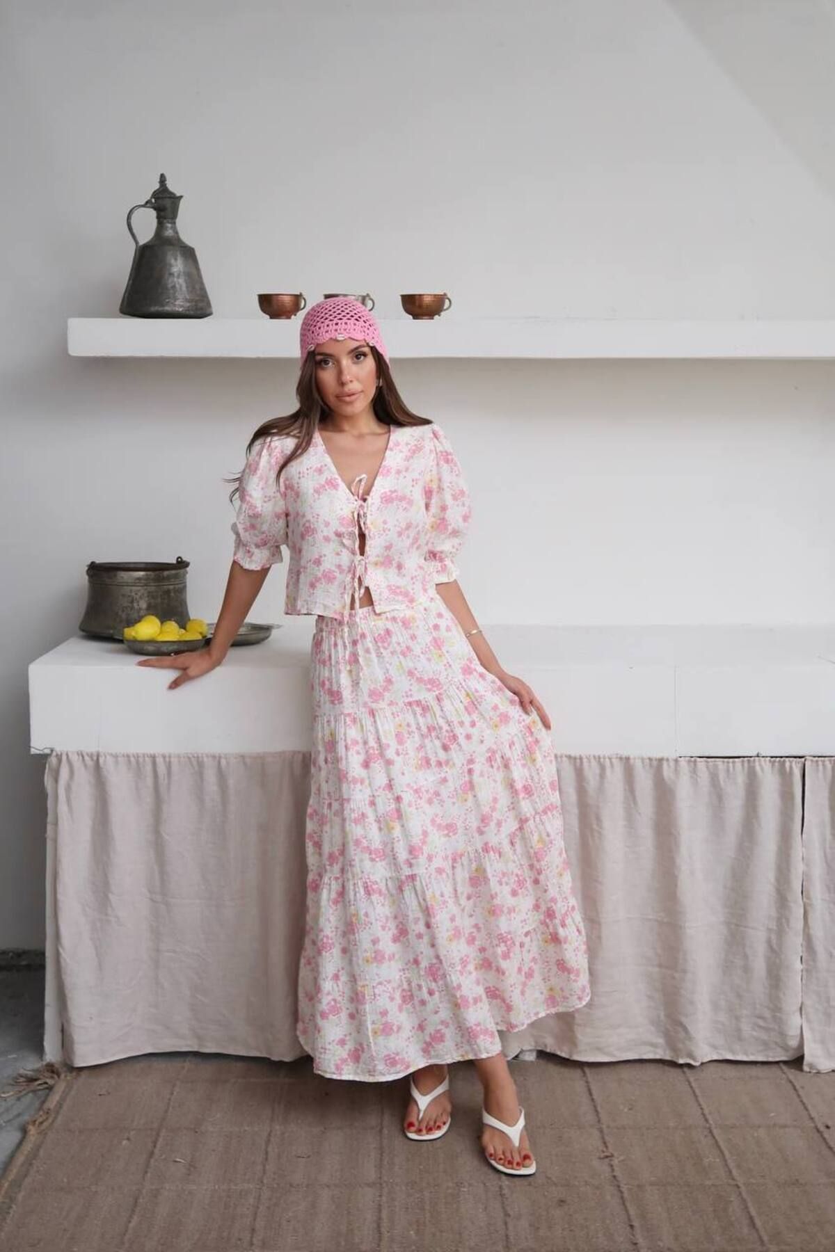 Lusin Kadın Premium Kalite Desenli Kimono Bluz Astarlı Etek Alt Üst İkili Takım