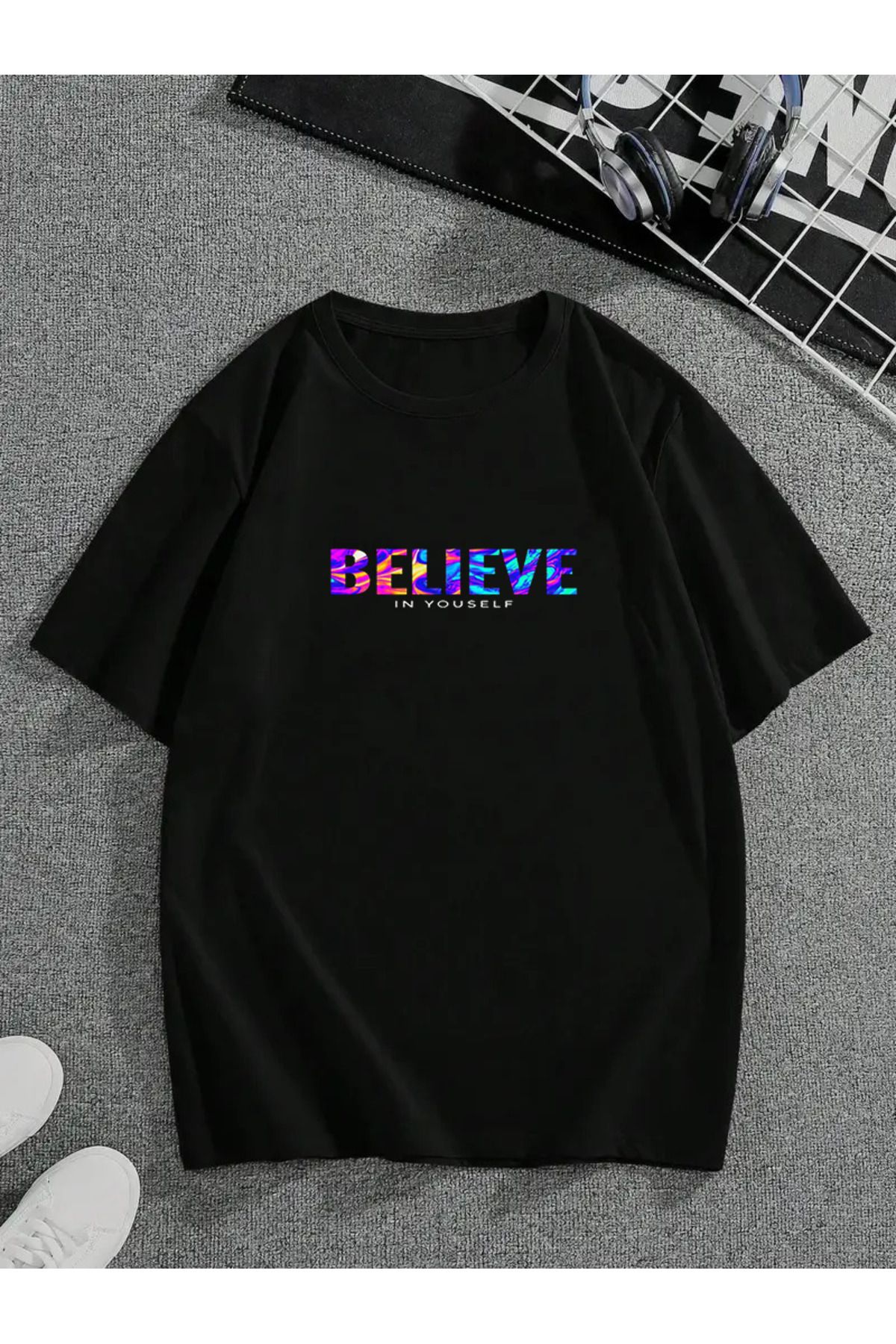 MODA Unisex Oversize Kalıp Believe Baskılı T-Shirt