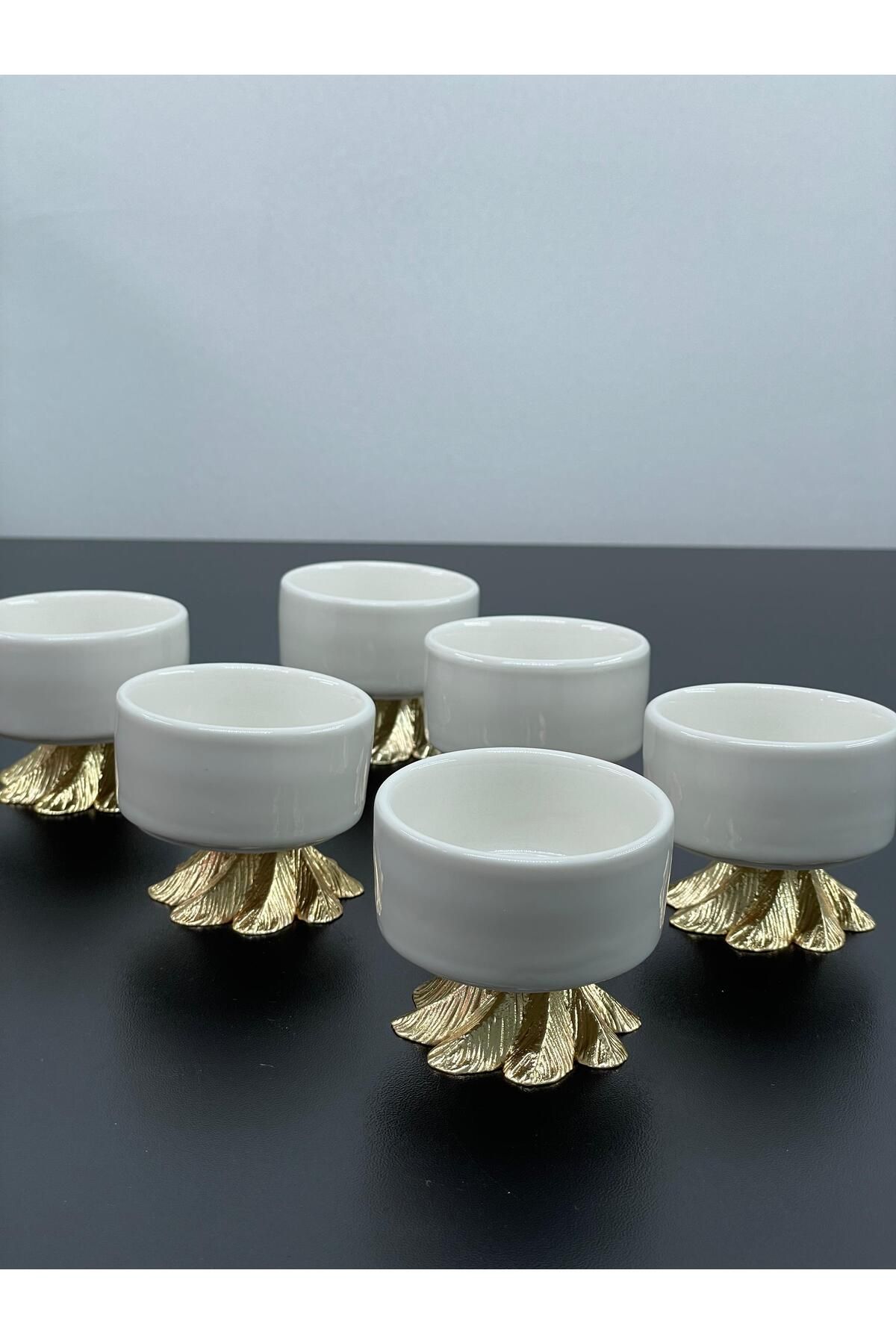 YzHome 6 Kişilik Beyaz Porselen Gold Metal Ayaklı Kahve Yanı Lokumluk Sosluk Kase
