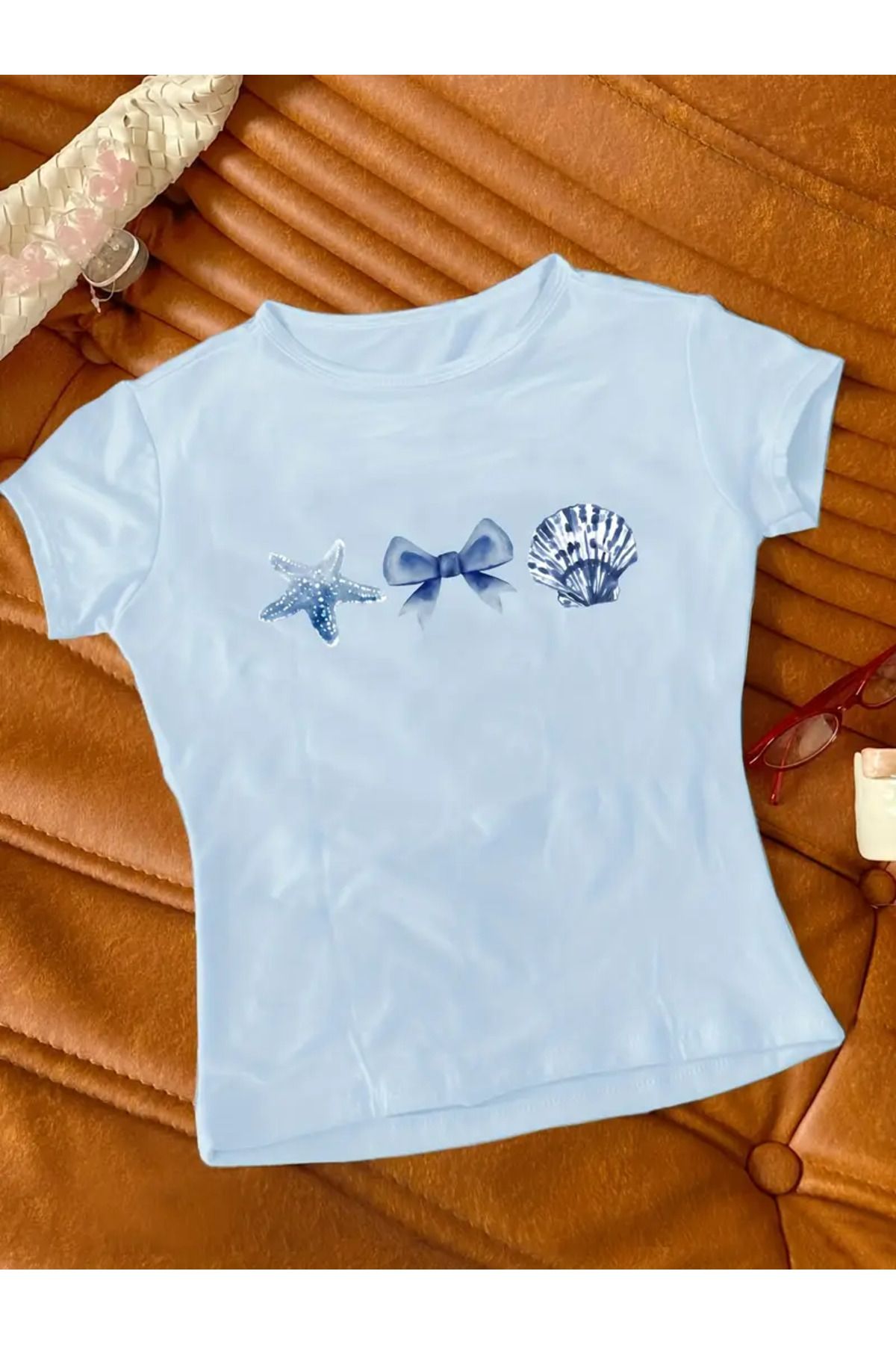 JANSO GROUP -KADIN CROP TSHIRT DENİZ BASKILI PAMUKLU
