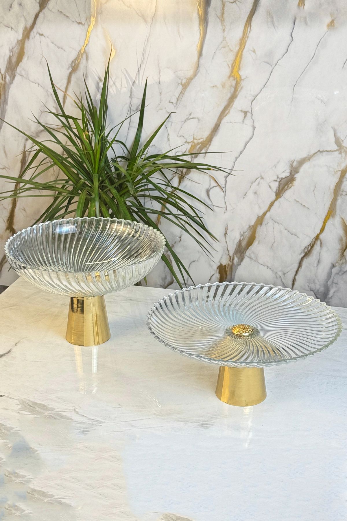 MAY HOME Gold Ayaklı Cam Kase Tabak Seti & Salata Meyve Pasta Kurabiye Kek Sunumluğu Servisliği
