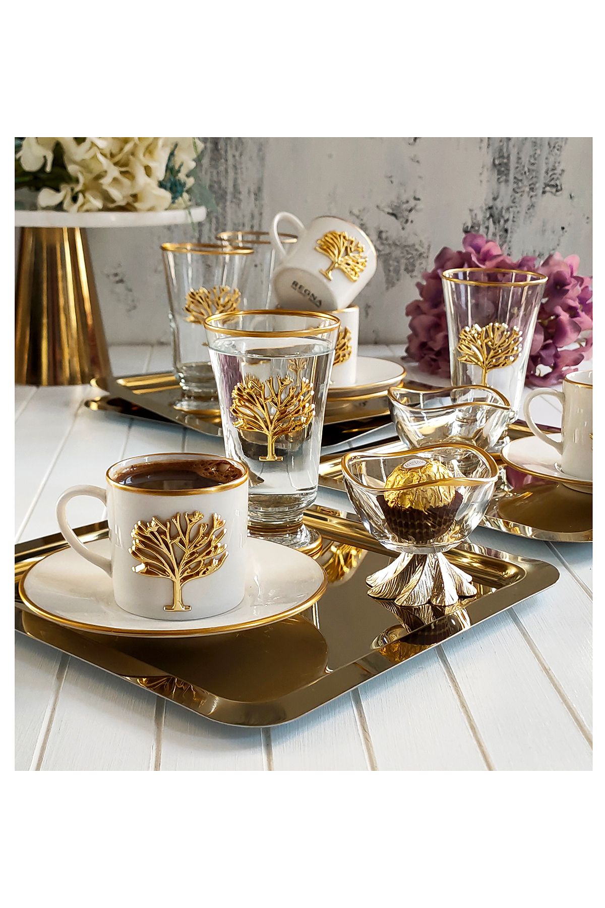 REGNA HOME Fine Living Regna Home Mocha - Hayat Ağacı 20 Parça 4 Kişilik İkram Seti