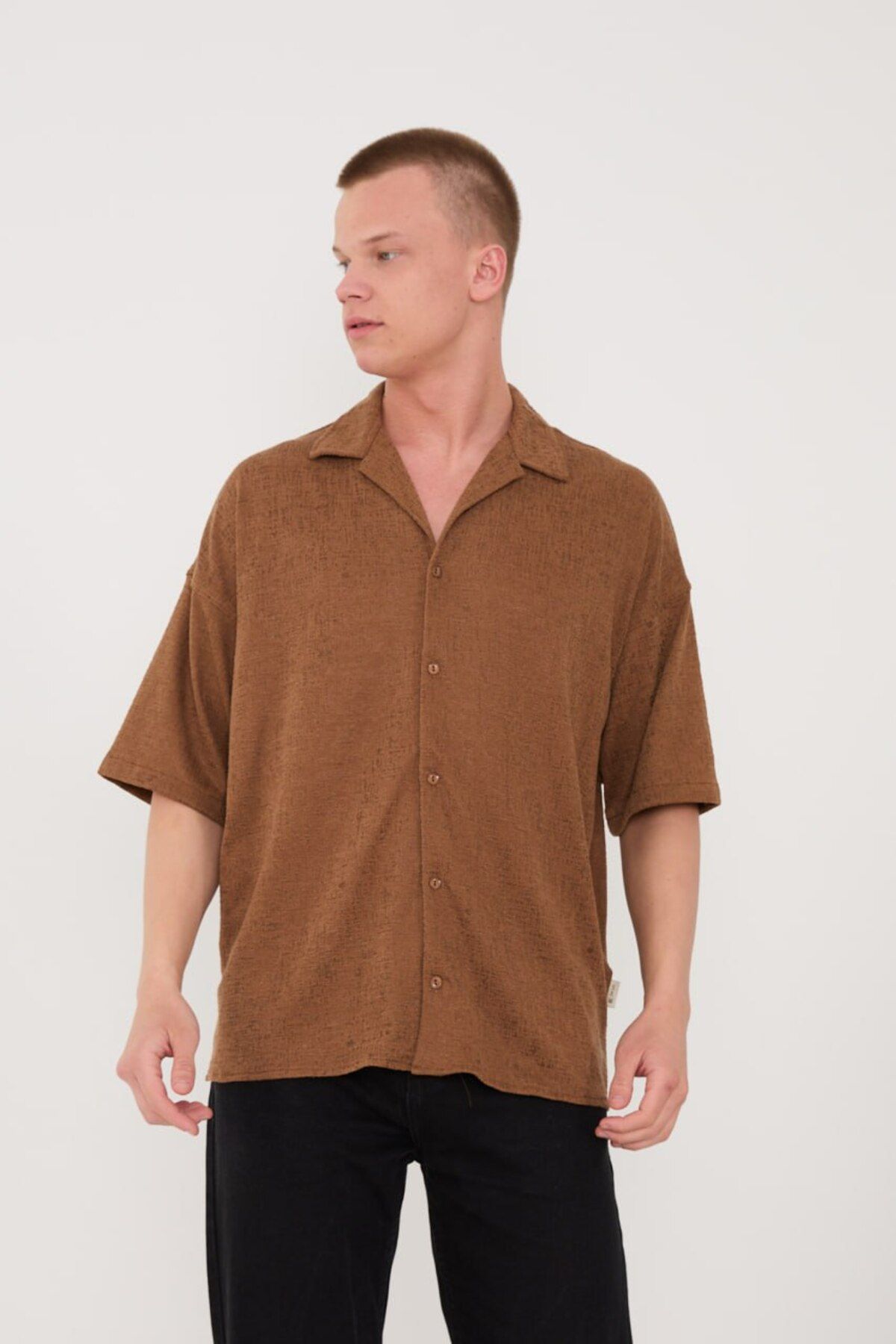 fame-stoned Düz Baskısız %100 Oversize Kahverengi Gömlek