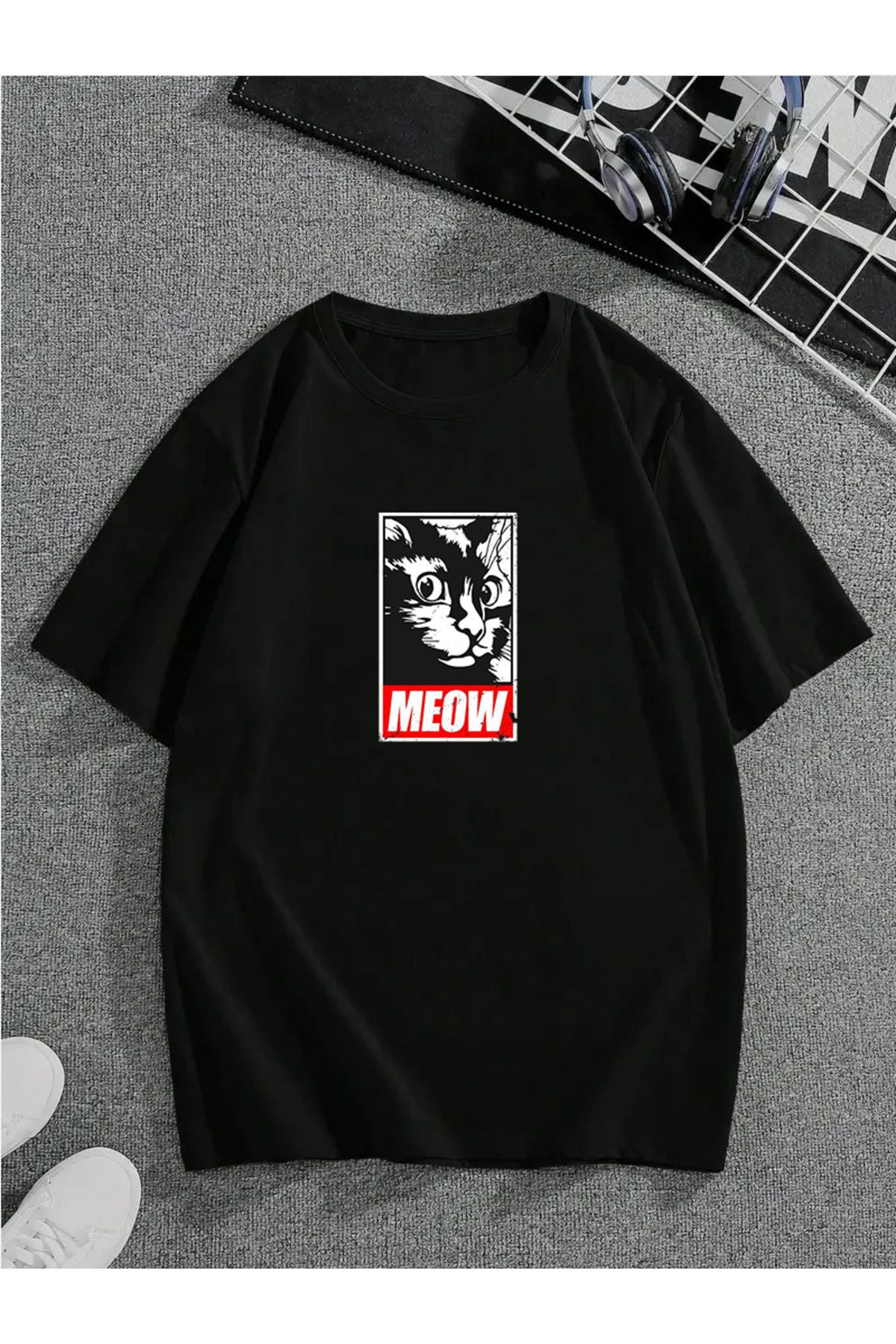MODA Unisex Oversize Kalıp Meow Baskılı T-Shirt