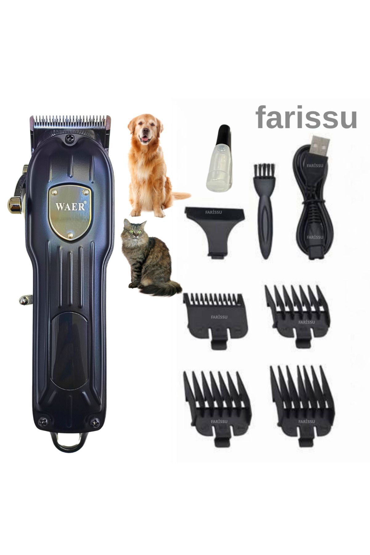 farissu WAER WA-095 Şarjlı Saç ve Sakal Kesme Makinesi – 6500 RPM Güç – 4 Taraklı – USB Şarjlı