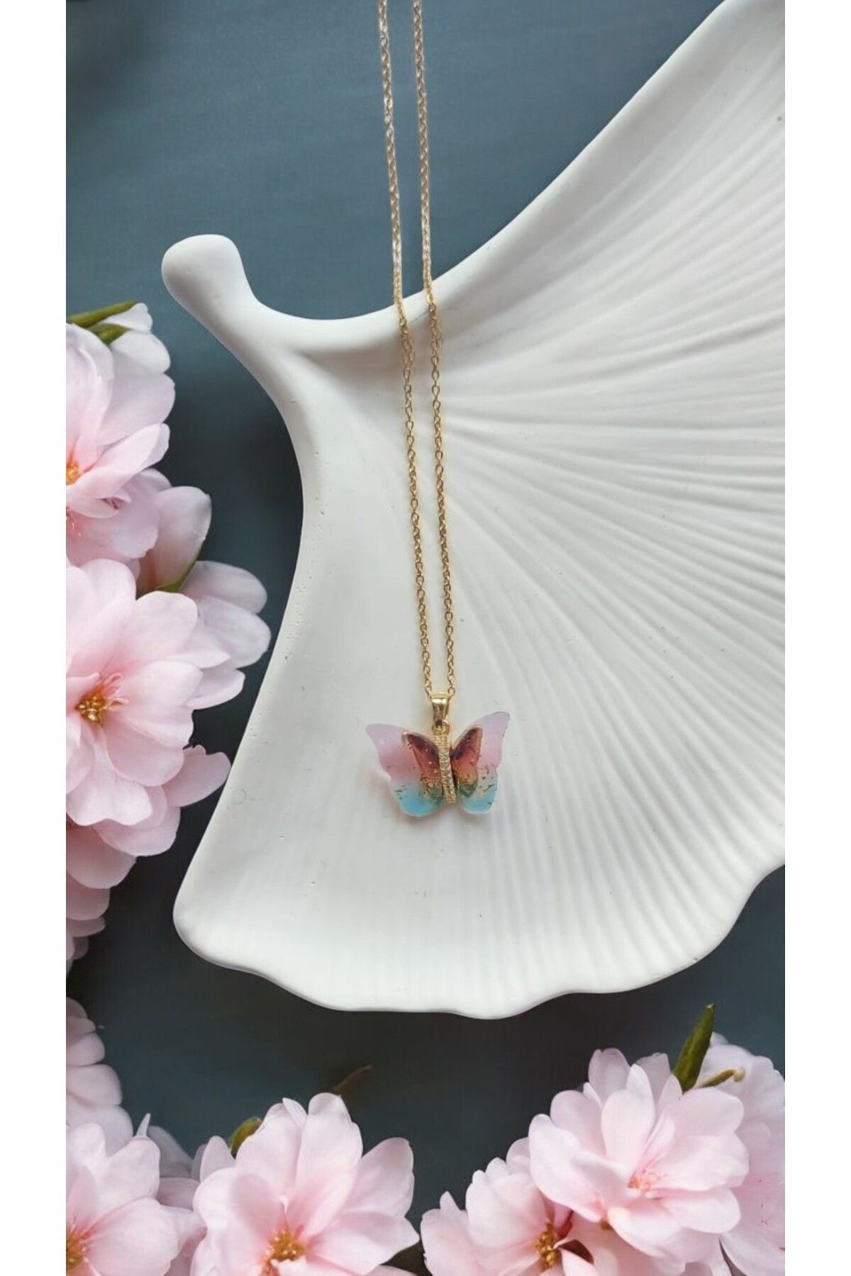 NOVA JEWELLERY Renkli Kelebek Modelli Zirkon Taşlı Paslanmaz Çelik Kolye |STEEL NECKLACE