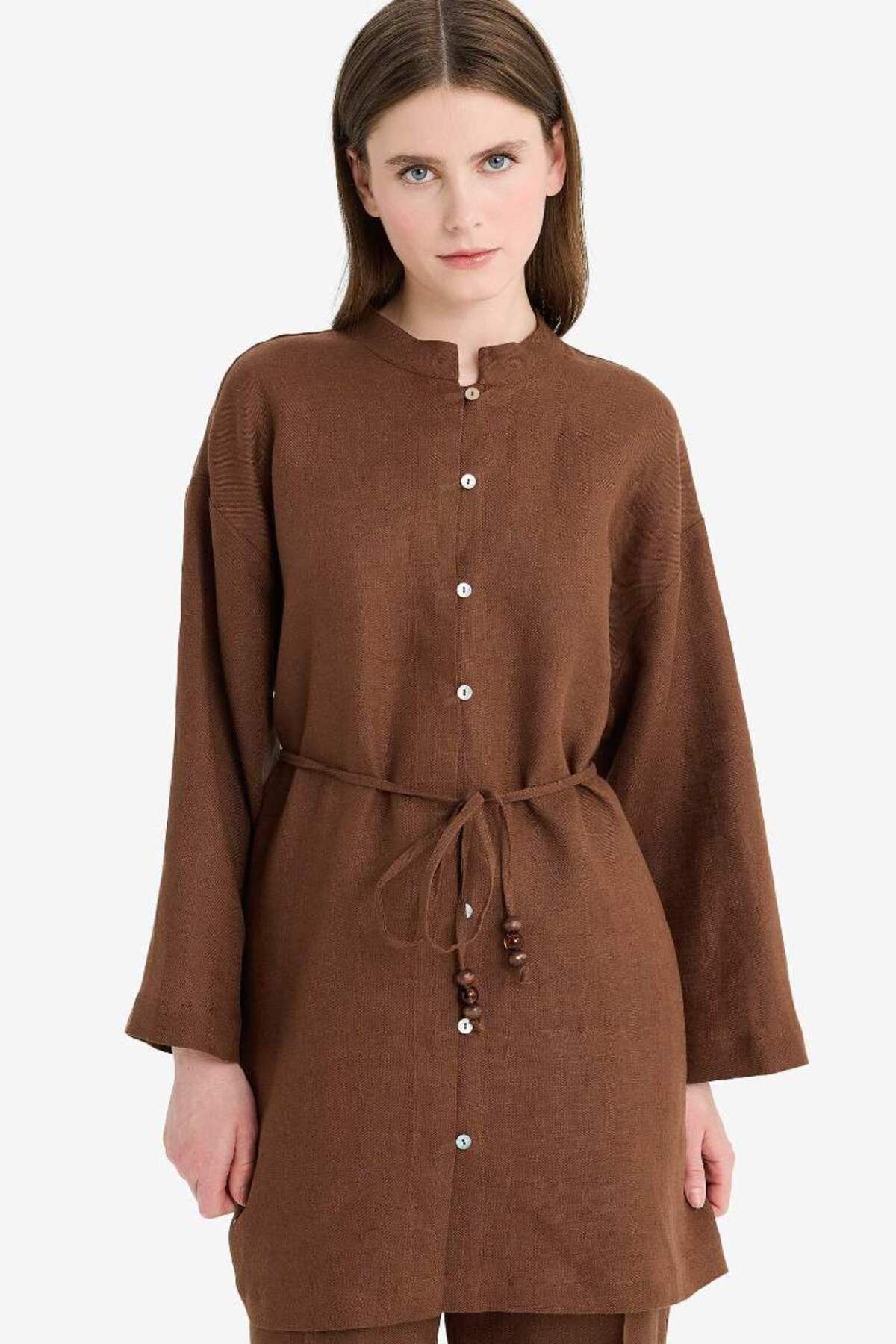 DeFacto Yeni Sezon %100 Keten Regular Fit Bağcıklı Uzun Kollu Tesettür Gömlek Tunik