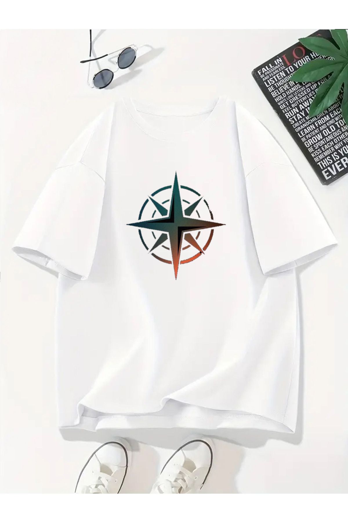 MODA Unisex Oversize Kalıp Pusula Baskılı T-Shirt