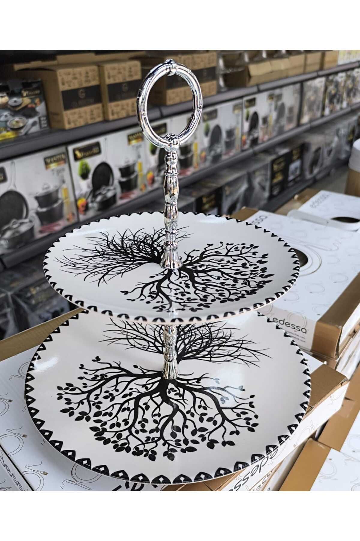 Home Desenli İki Katlı Seramik Pasta Kurabiyelik Servislik Sunum Seti