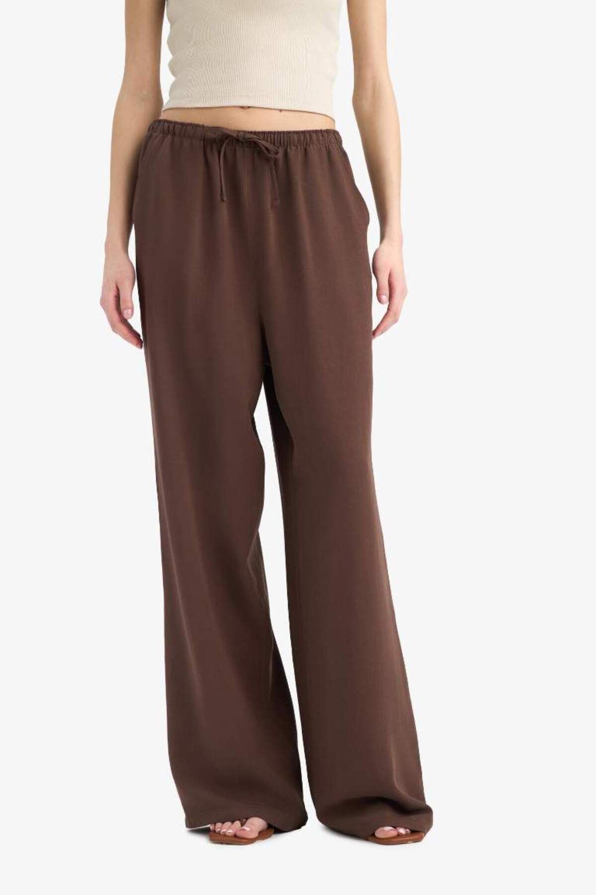 DeFacto Yeni Sezon Keten Karışımlı Palazzo Pantolon Wide Leg Geniş Bol Paça Üç Cepli Normal