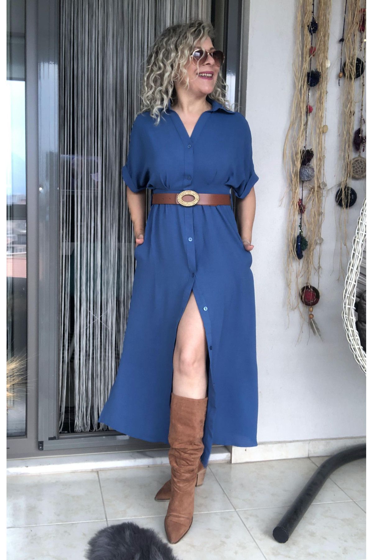 Dila Butik Kemer Detaylı Tiril Gömlek Elbise