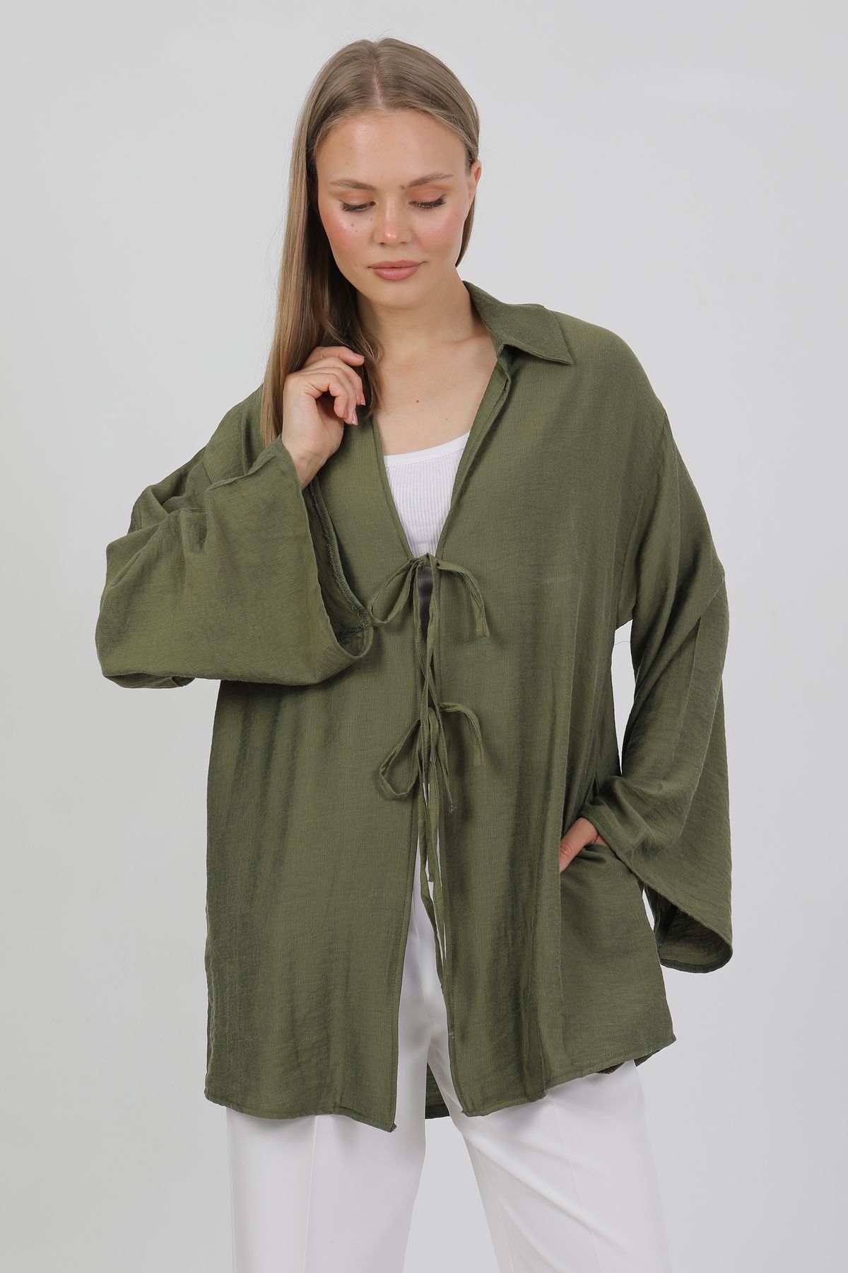 PASTELASTORE Doğal Viskon Kumaş Cepli Bağcıklı Kadın Kimono 1167 – Hafif, Dökümlü, Akışkan, Yazlık Model