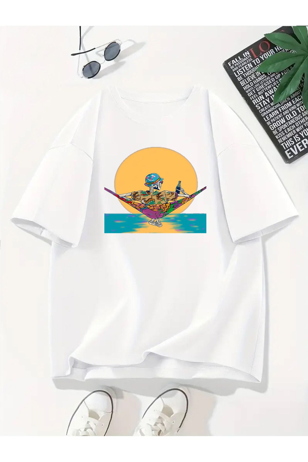 MODA Unisex Oversize Kalıp Deniz Keyifli İskelet Baskılı T-Shirt