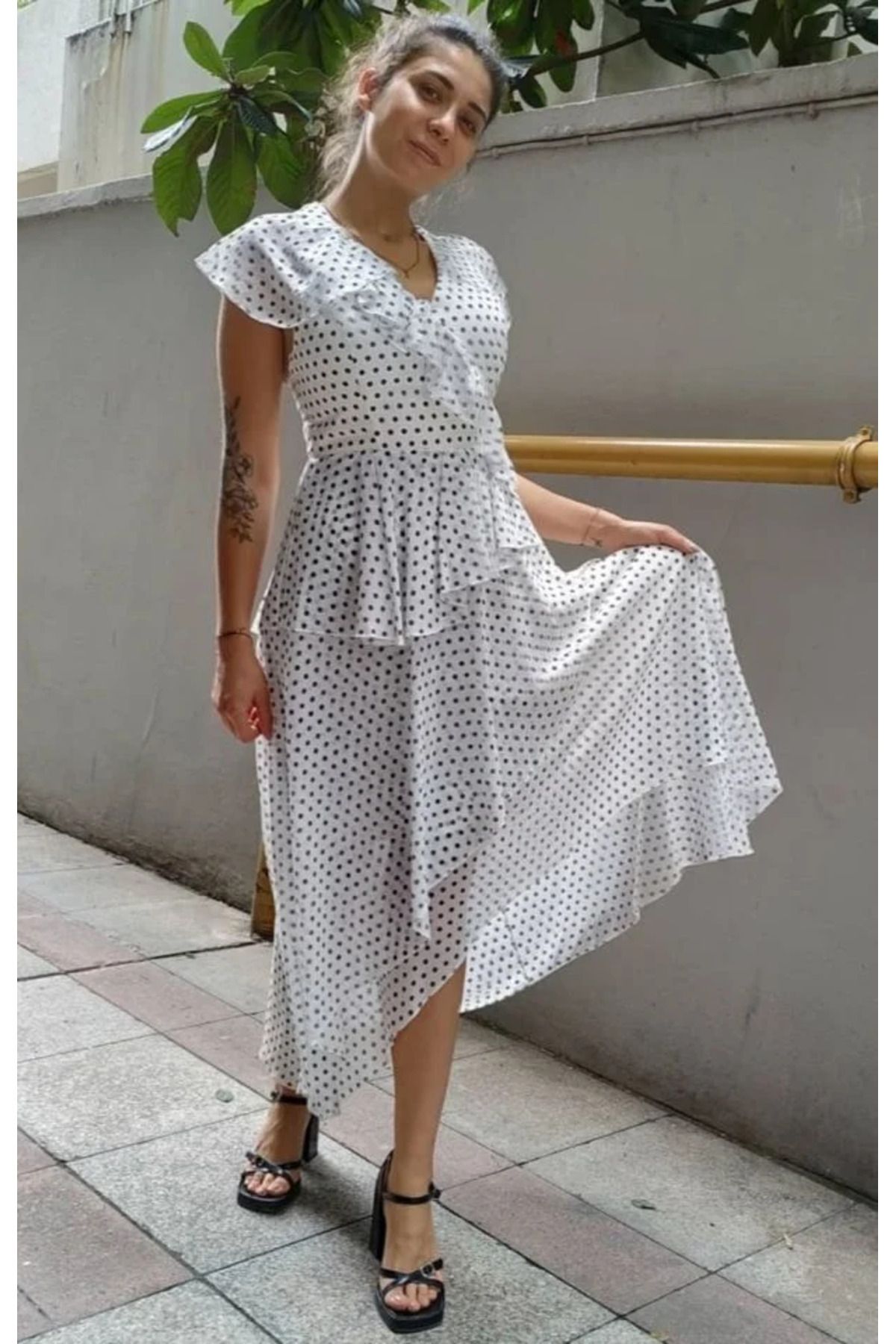 DenizEge Dots Şifon Fırfırlı Elbise Beyaz