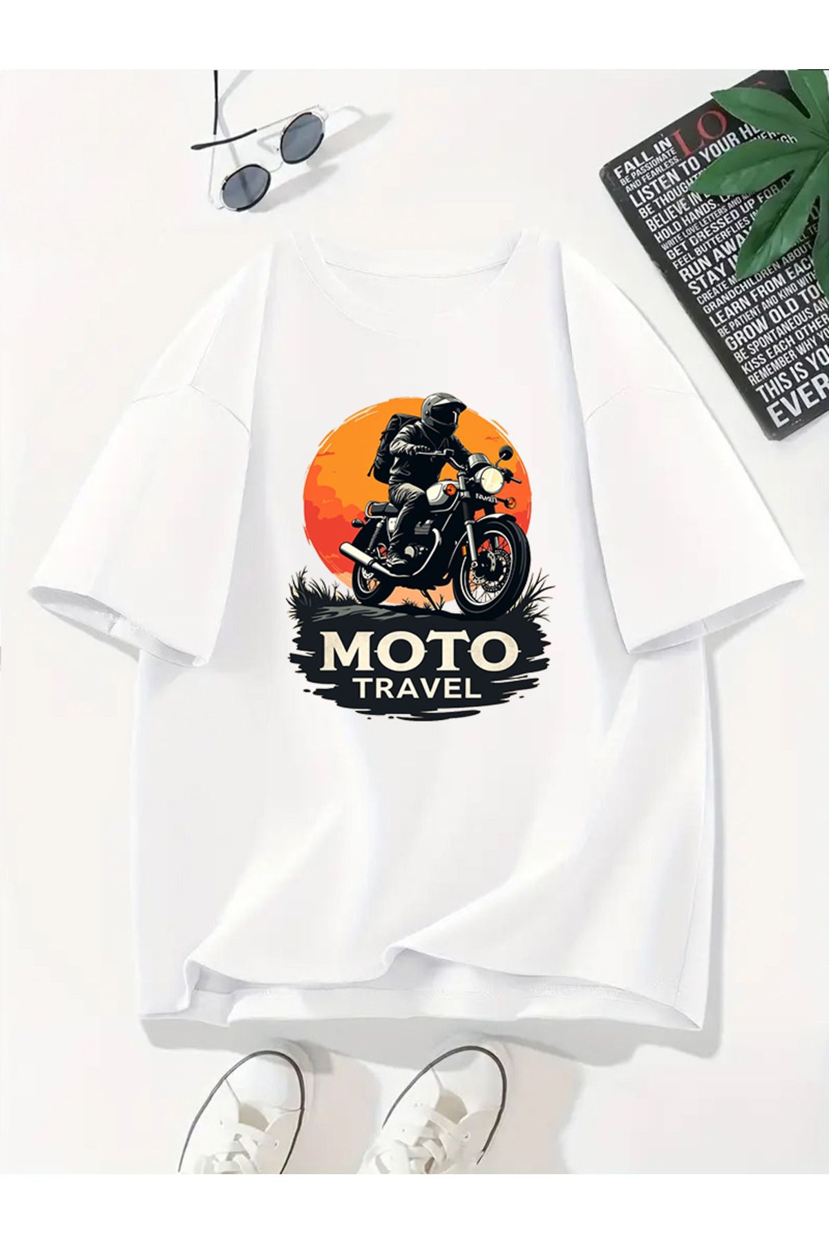 MODA Unisex Oversize Kalıp Motorsiklet Baskılı T-Shirt