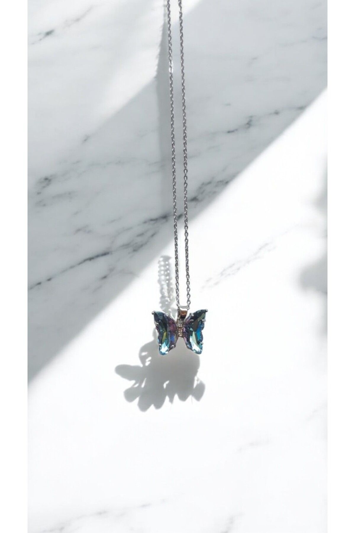 NOVA JEWELLERY Renkli Kelebek Modelli Zirkon Taşlı Paslanmaz Çelik Kolye |STEEL NECKLACE