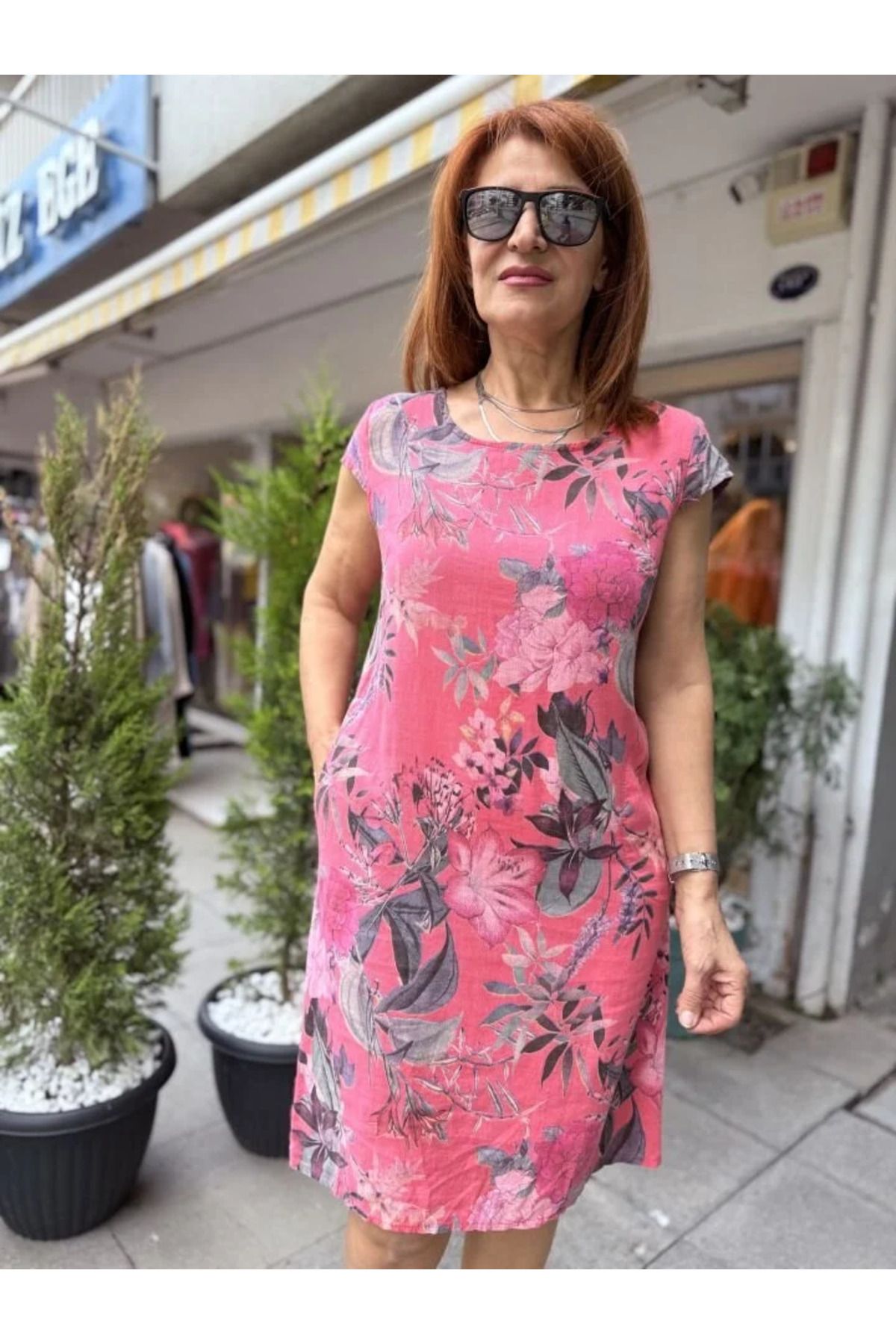 DenizEge Vendy İtalyan Keten Elbise Pembe