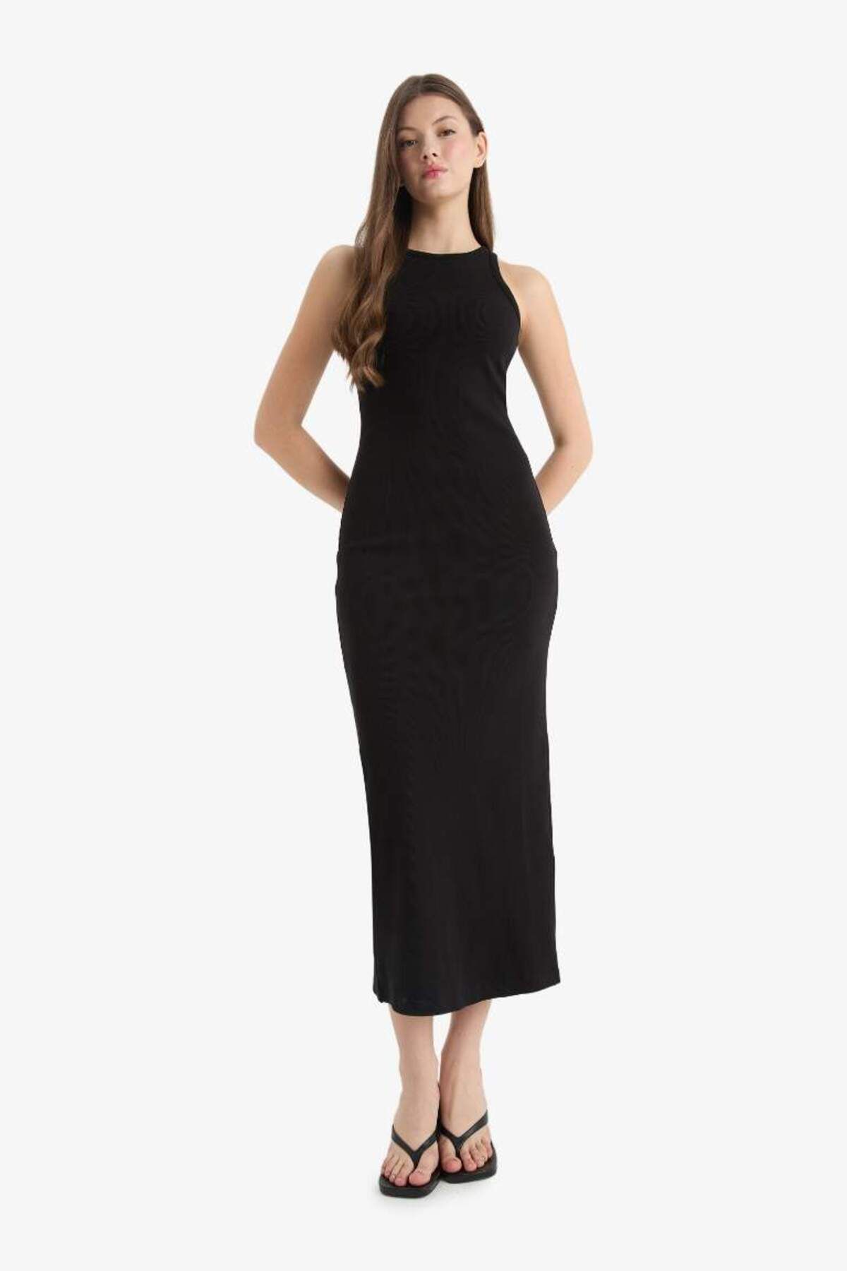 DeFacto Yeni Sezon Bodycon Vücudu Saran Halter Yaka Fitilli Kaşkorse Kolsuz Maxi Siyah Elbise