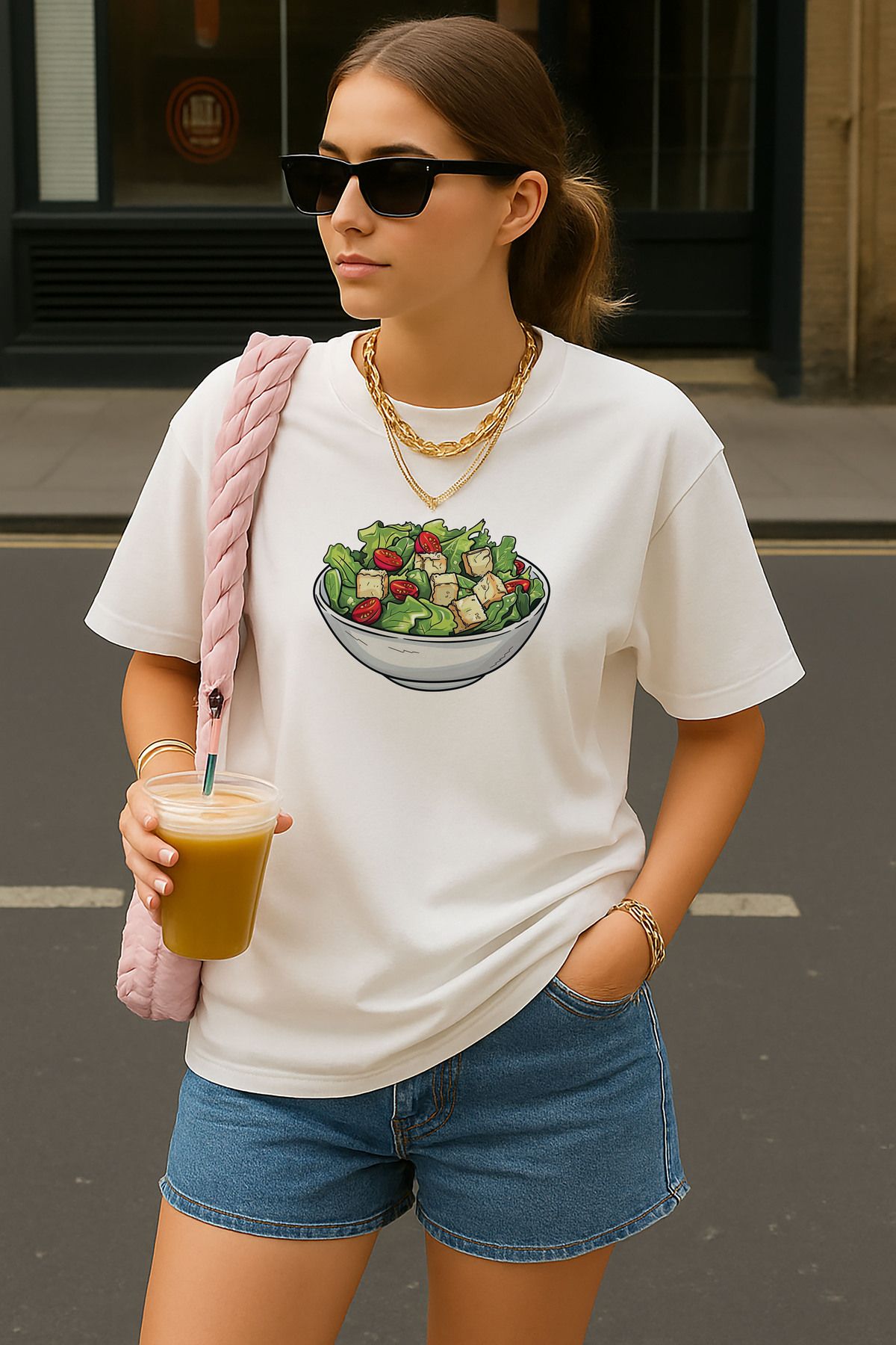 sielta Salata Baskılı Oversize Kadın Pamuklu Beyaz Tişört T-shirt