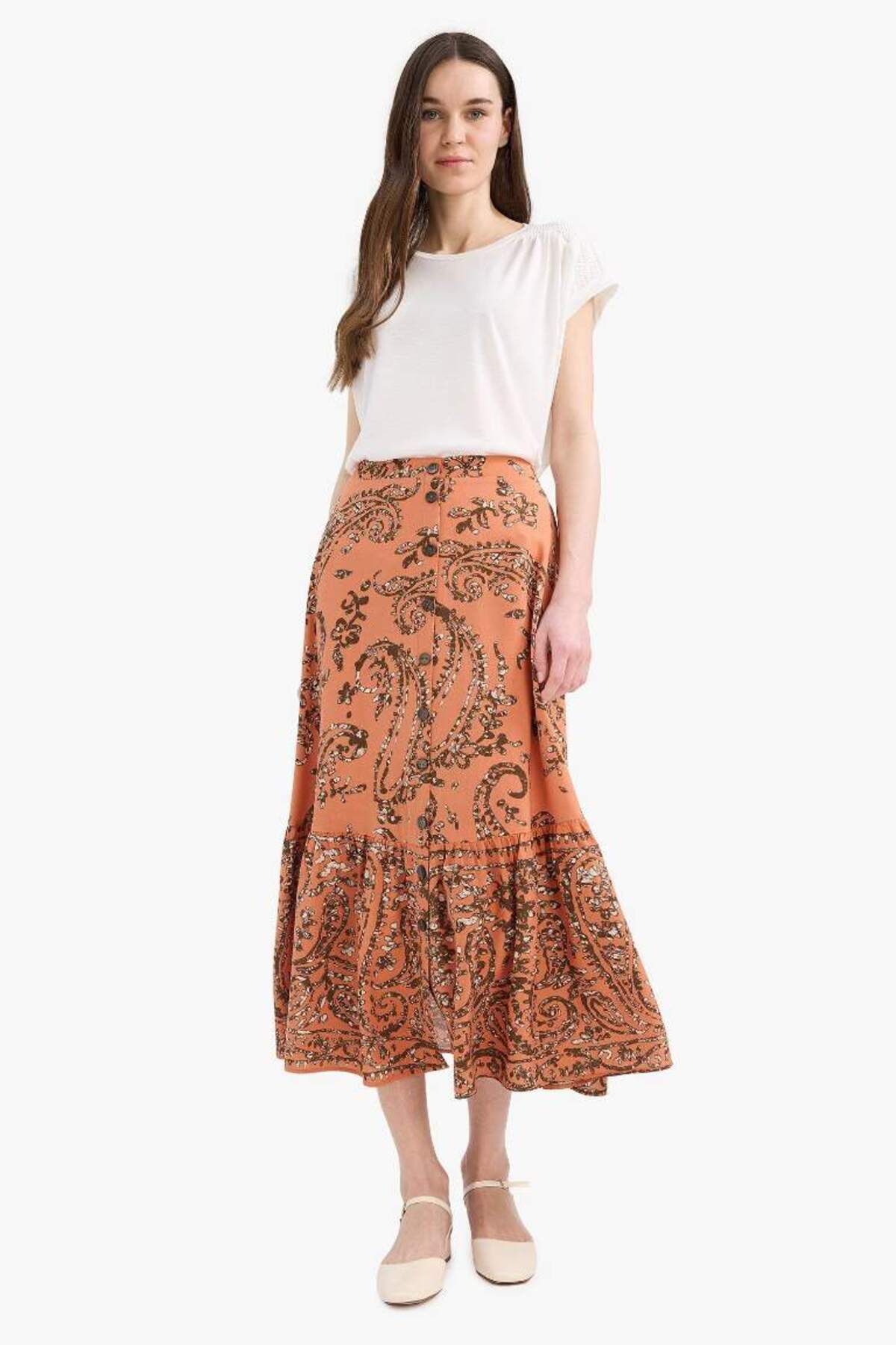 DeFacto-Regular Fit Stretch Waist Patterned Midi Skirt F1158Ax25Sm 3