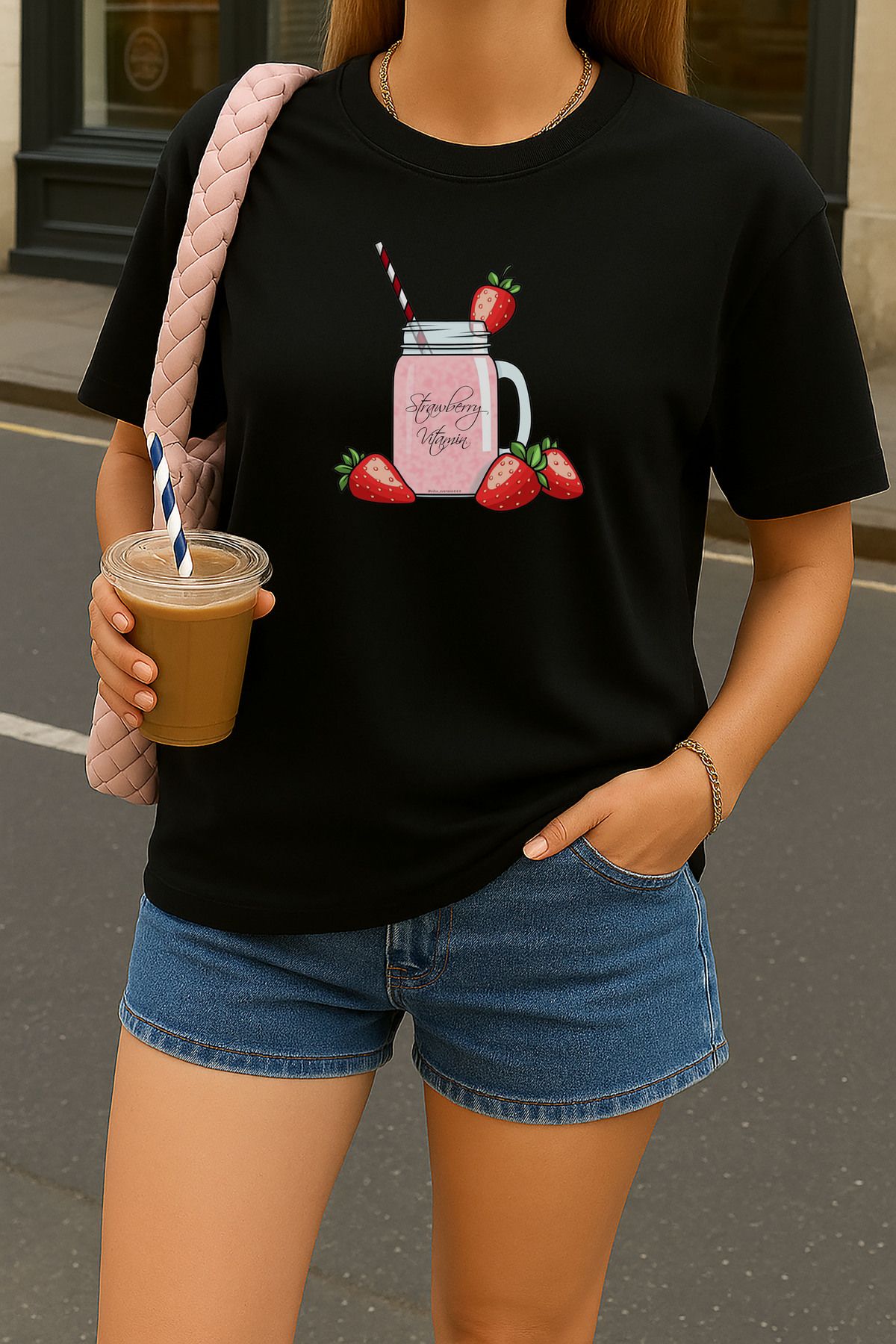 sielta Çilekli Milkshake Baskılı Oversize Kadın Pamuklu Siyah Tişört T-shirt
