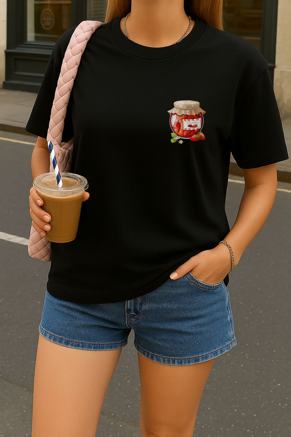 sielta Çilek Reçeli Baskılı Oversize Kadın Pamuklu Siyah Tişört T-shirt