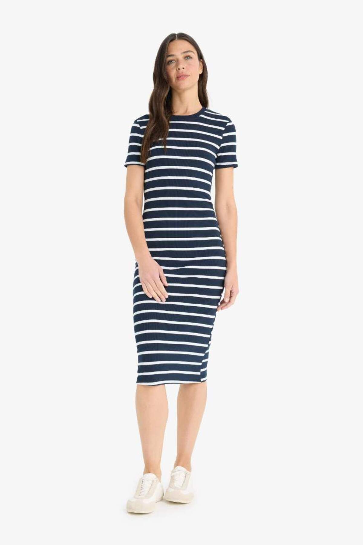 DeFacto Yeni Sezon Bodycon Vücudu Saran Bisiklet Yaka Çizgili Fitilli Kaşkorse Kısa Kollu Midi