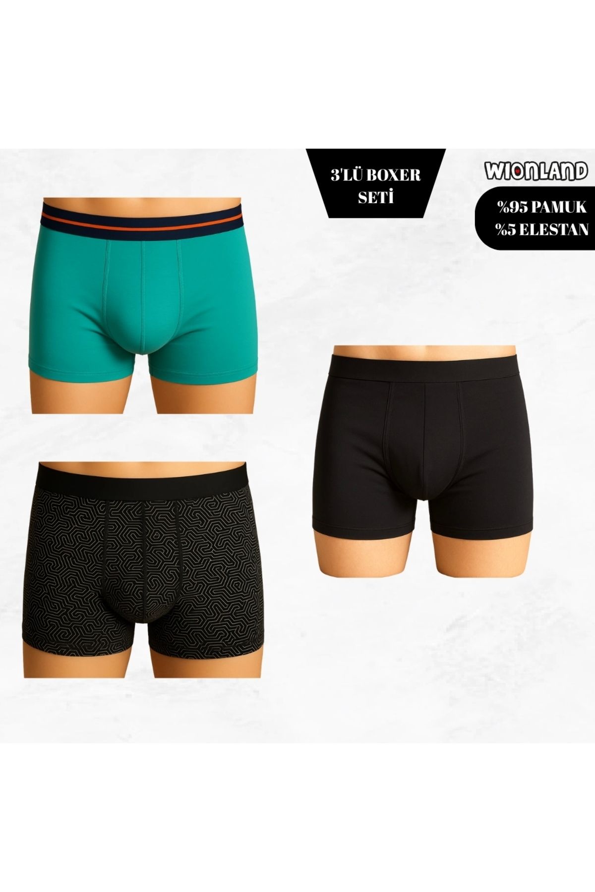 Wionland Erkek 3'lü Boxer Seti – S Beden (Turkuaz / Siyah / Desenli)