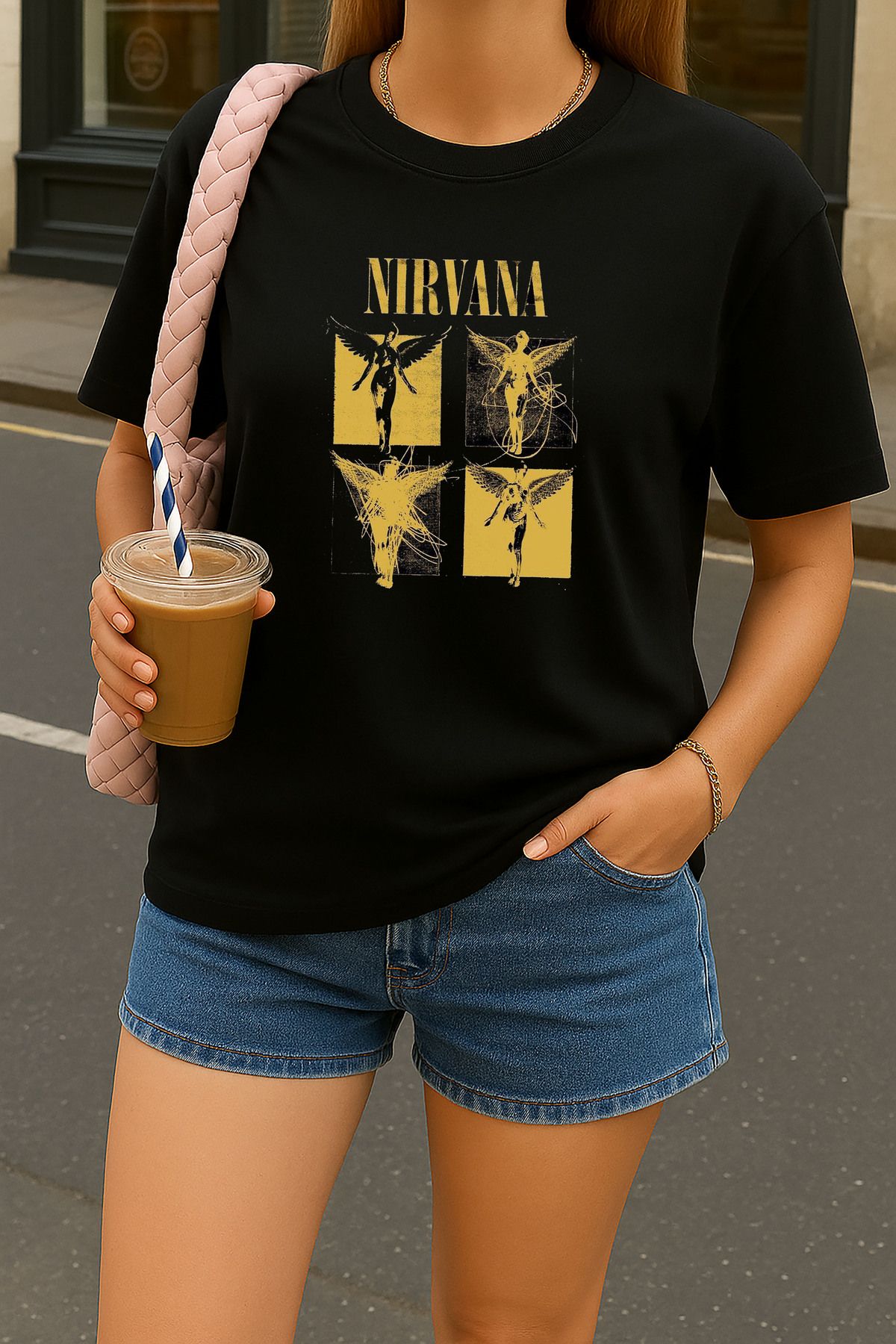 sielta Nirvana Müzik grubu Baskılı Oversize Kadın Pamuklu Siyah Tişört T-shirt